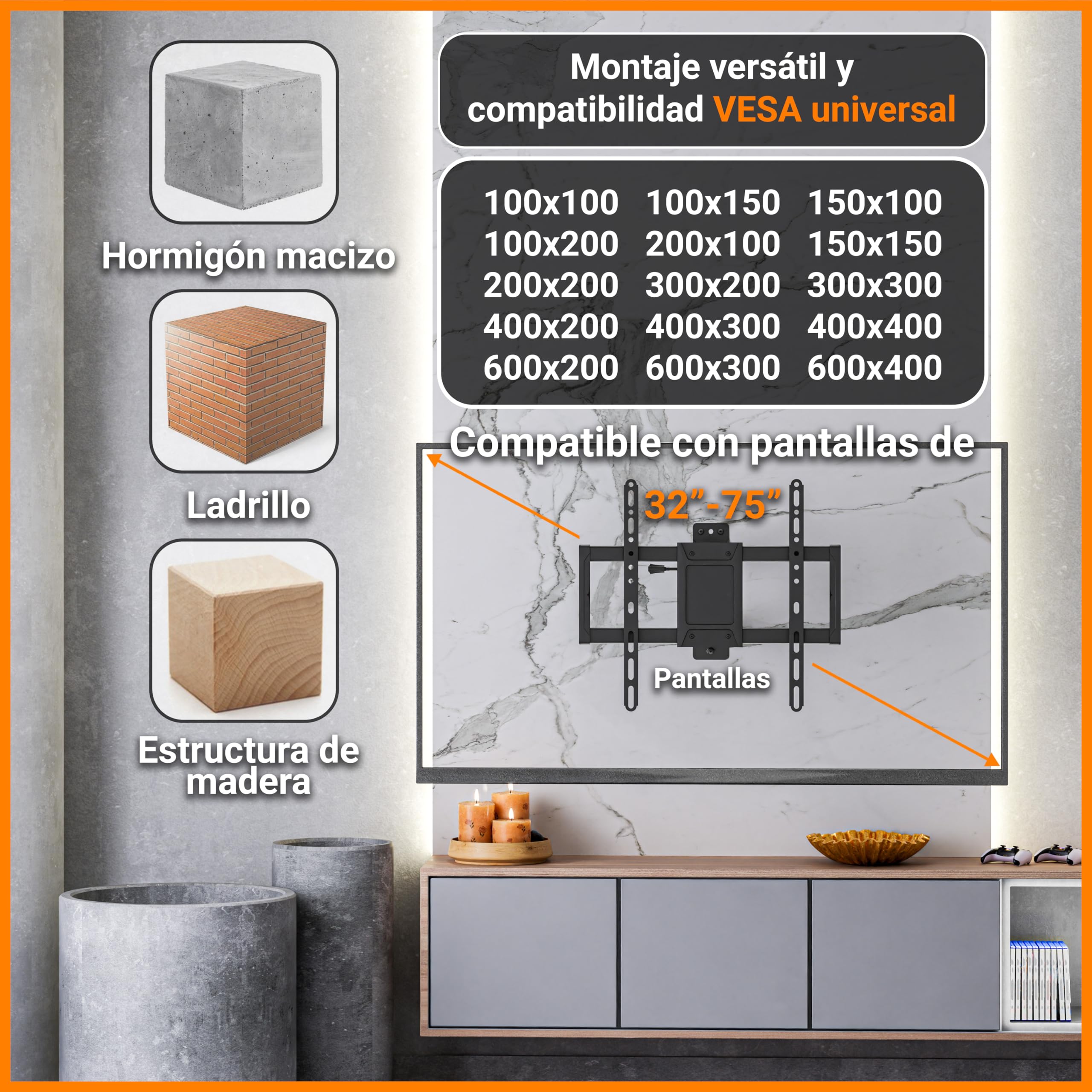 EasyLife ProMount HD75 Compact Soporte de Pared para TV Televisores de 32 a 75 Pulgadas Hasta 50KG, VESA 600x400mm – Diseño de un Solo Brazo, Giratorio e Inclinable para LED, LCD con Gestión de Cables