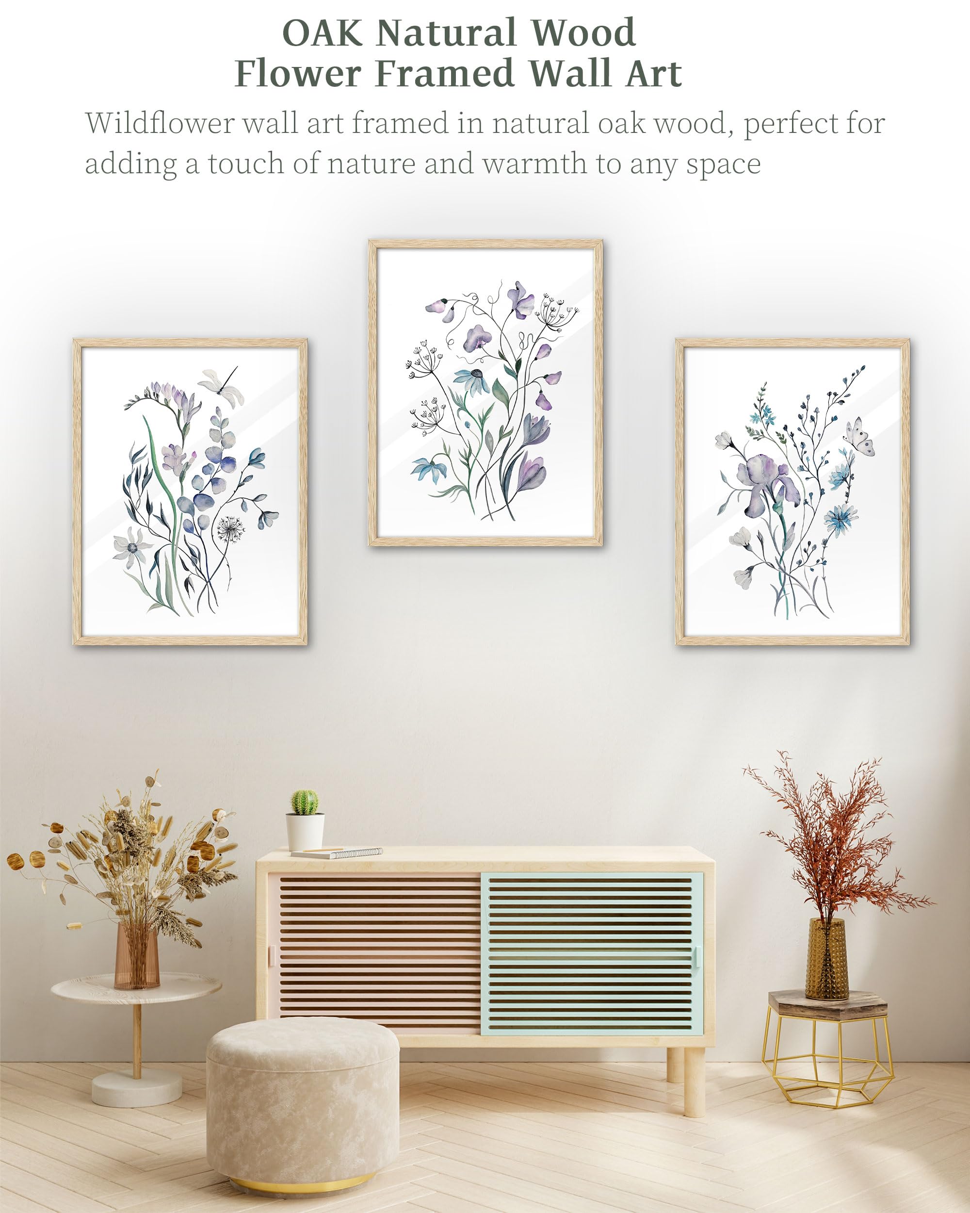 IHery Leinwanddruck-Set – 3 Stück, 30,5 X 40,6 Cm, Wilde Blumen Auf Eichenholz-Rahmen – Für Wohnzimmer & Schlafzimmer