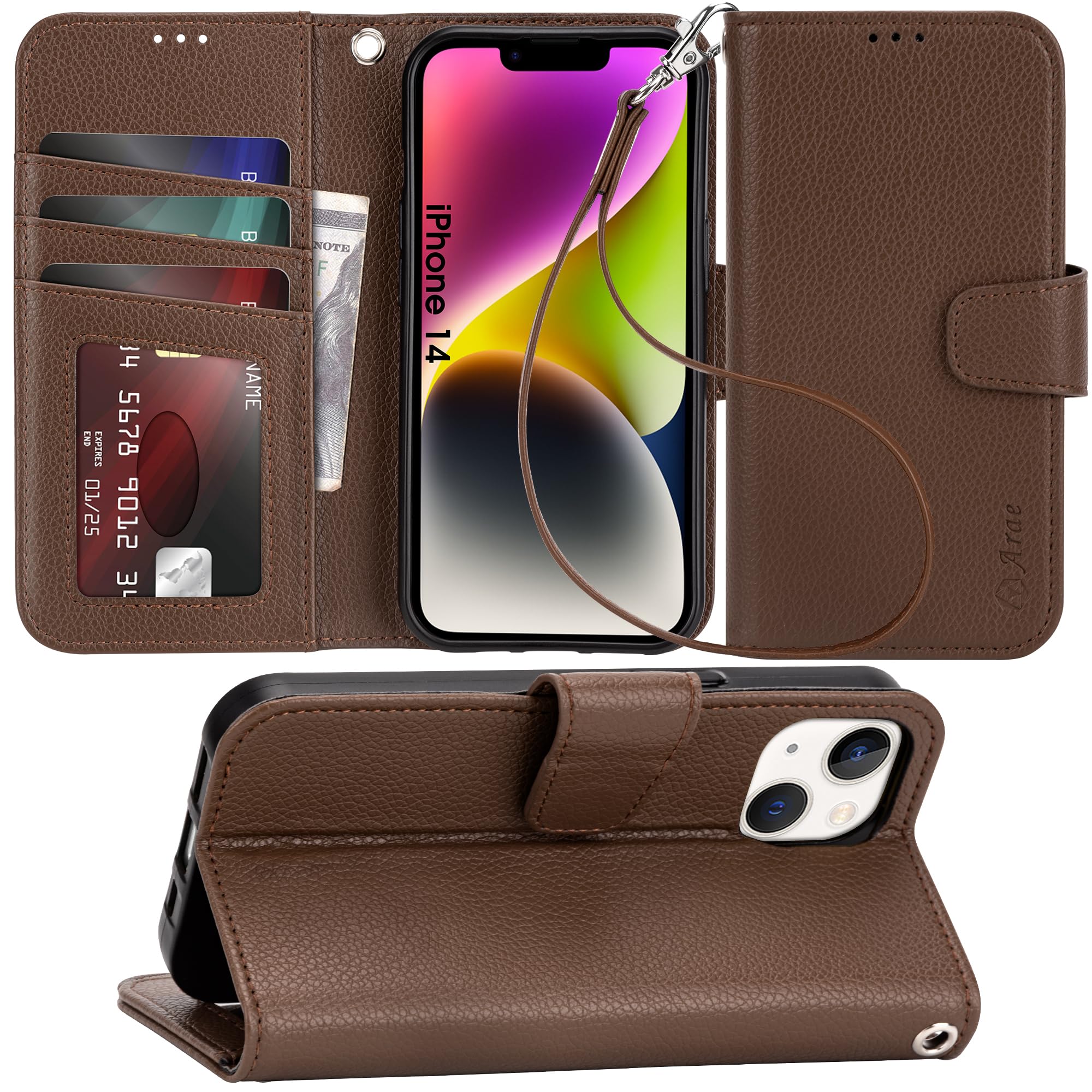 Arae Compatible with iPhone 14 Case with Card Holder and Wrist Strap Wallet Flip Cover for iPhone 14 6.1 inch Men/Women, Kickstand, Wristlet, RFID