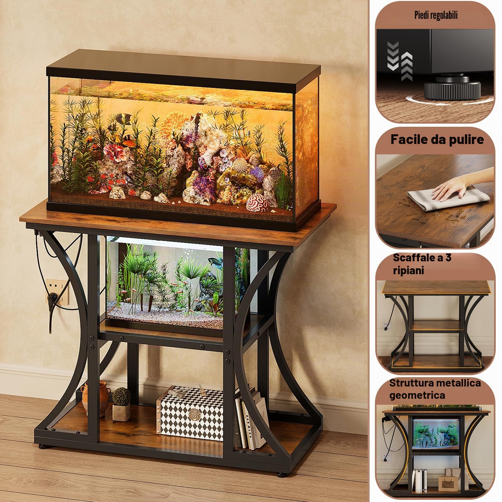 VEDECASA Supporto per acquario da 50 galloni con prese, scaffale rustico per acquario con 3 livelli, cassetto in tessuto per acquari, rettili e terrari, robusto telaio in metallo (marrone)