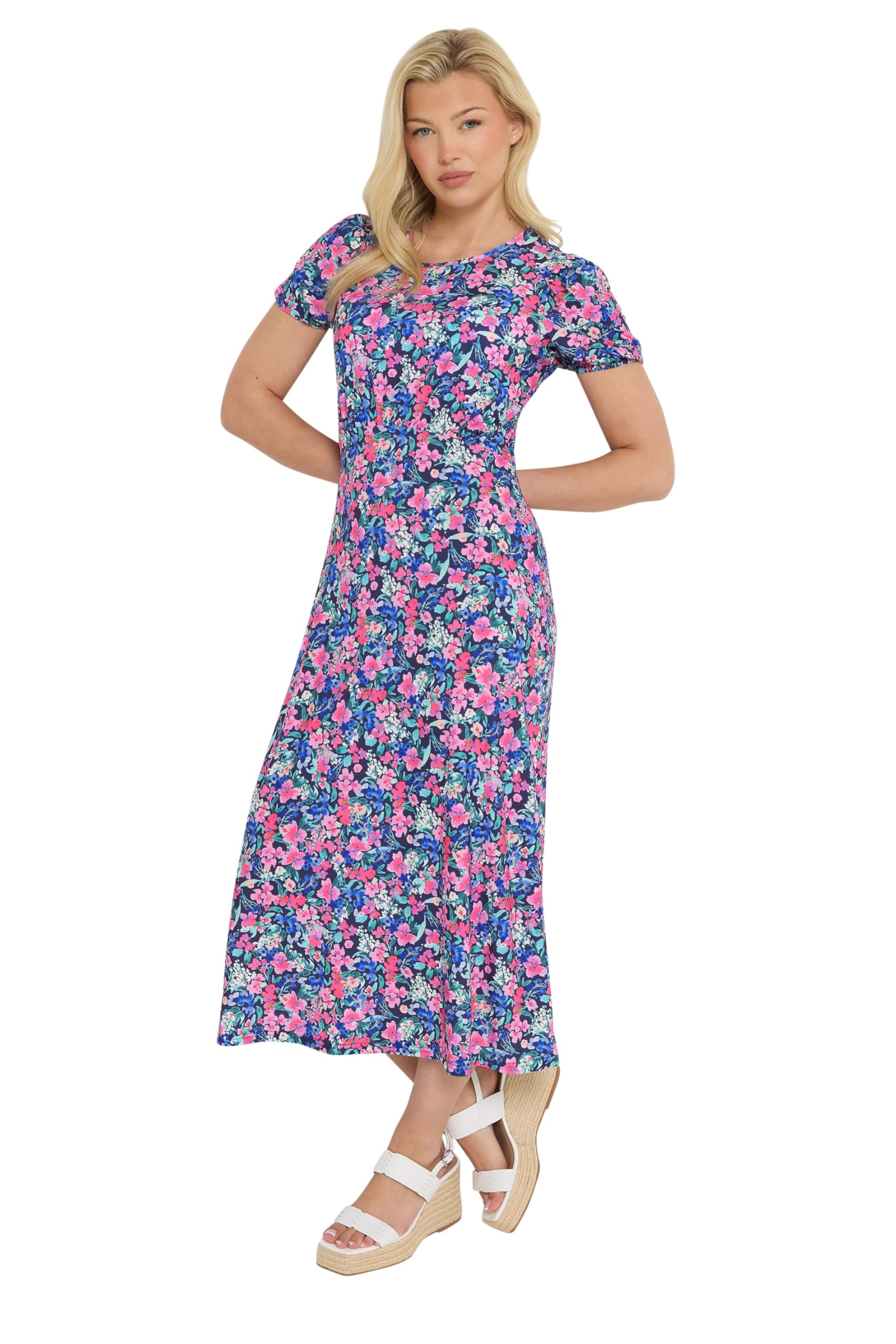 M&Co Women's Multi Floral Short Sleeve Midi Dress Size 10