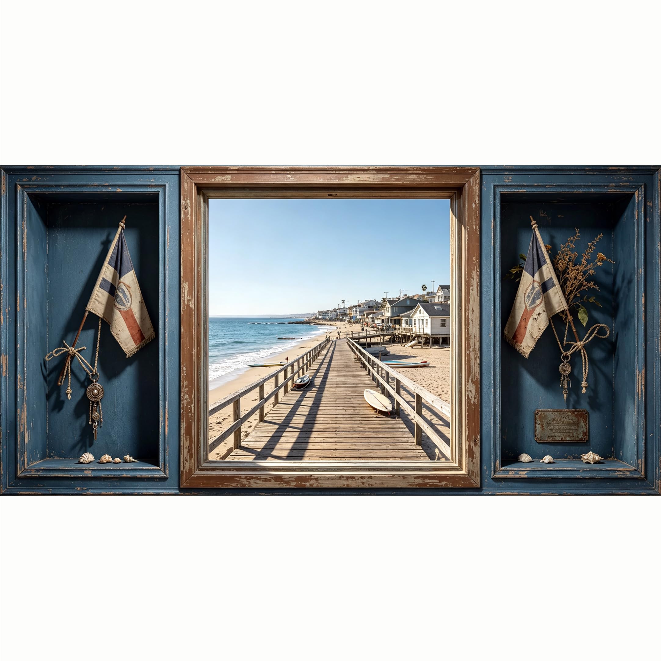 QZLITHOTIC 50x100cm 3D Framed Wall Art， Coastal Beach Pier Ocean View Self‑Adhesive Mural， Water‑Activated Peel & Stick Fabric Decor Wall Decal for Bedroom Living Room