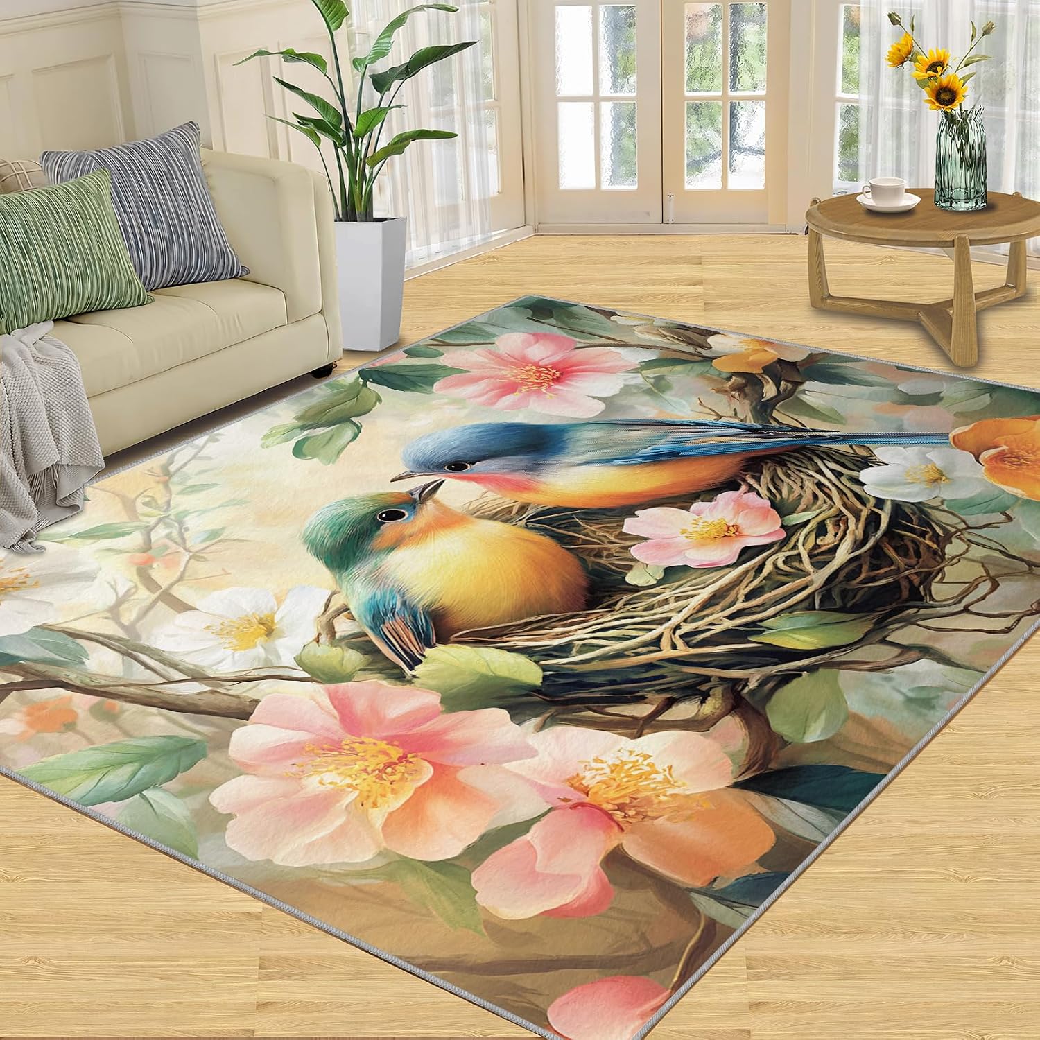 Flowers Rug 3x5 Washable Florals Area Rugs for Living Room, Rustic Flowers Birds Rug Non Slip Soft Low Pile Throw Carpet for Bedroom Kids Playroom Nursery