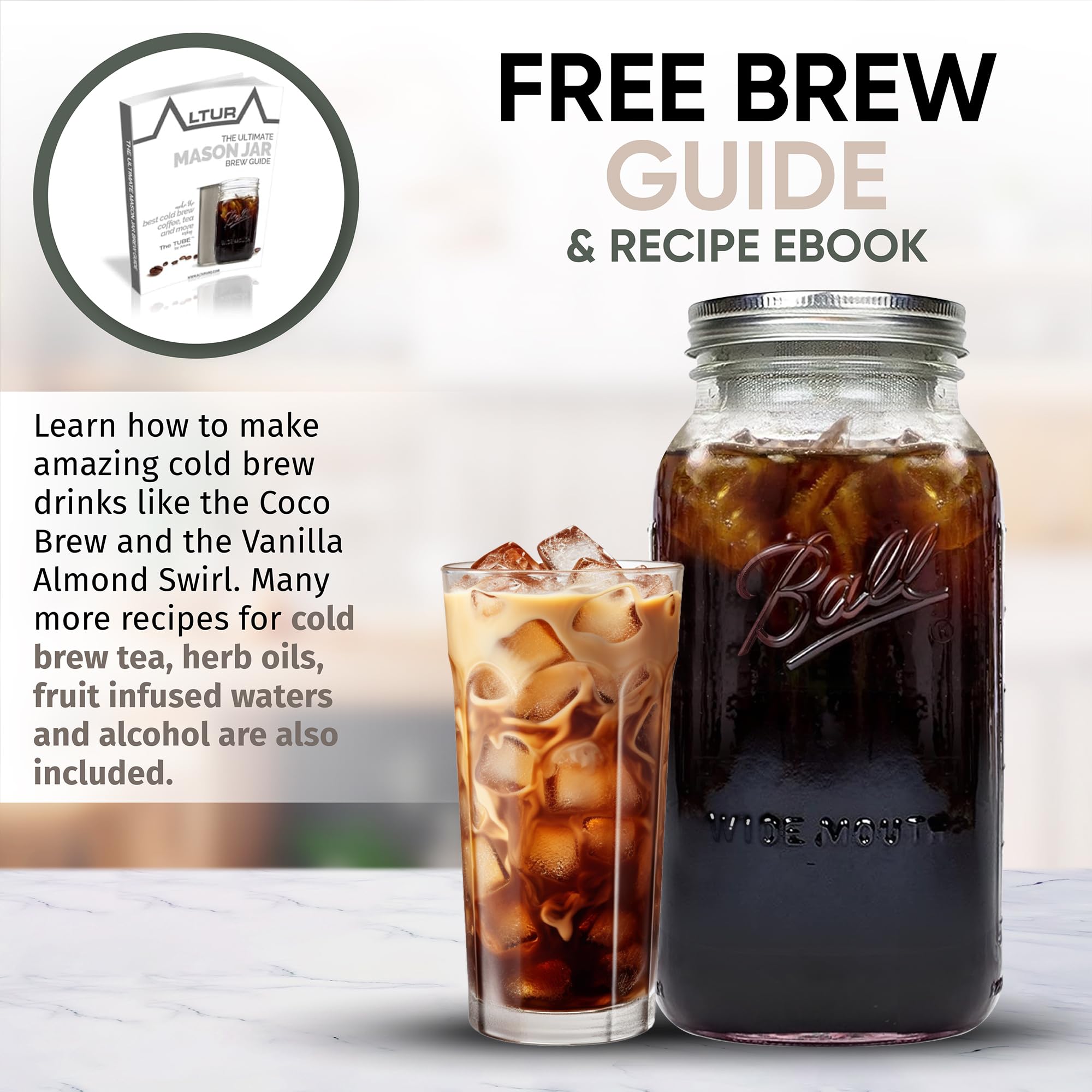 The TUBE: kit de infusor de té y cafetera de frío Filtro de malla de acero inoxidable premium diseñado para adaptarse a todos los tarros de boca ancha. Free Guía de cerveza y libro electrónico de