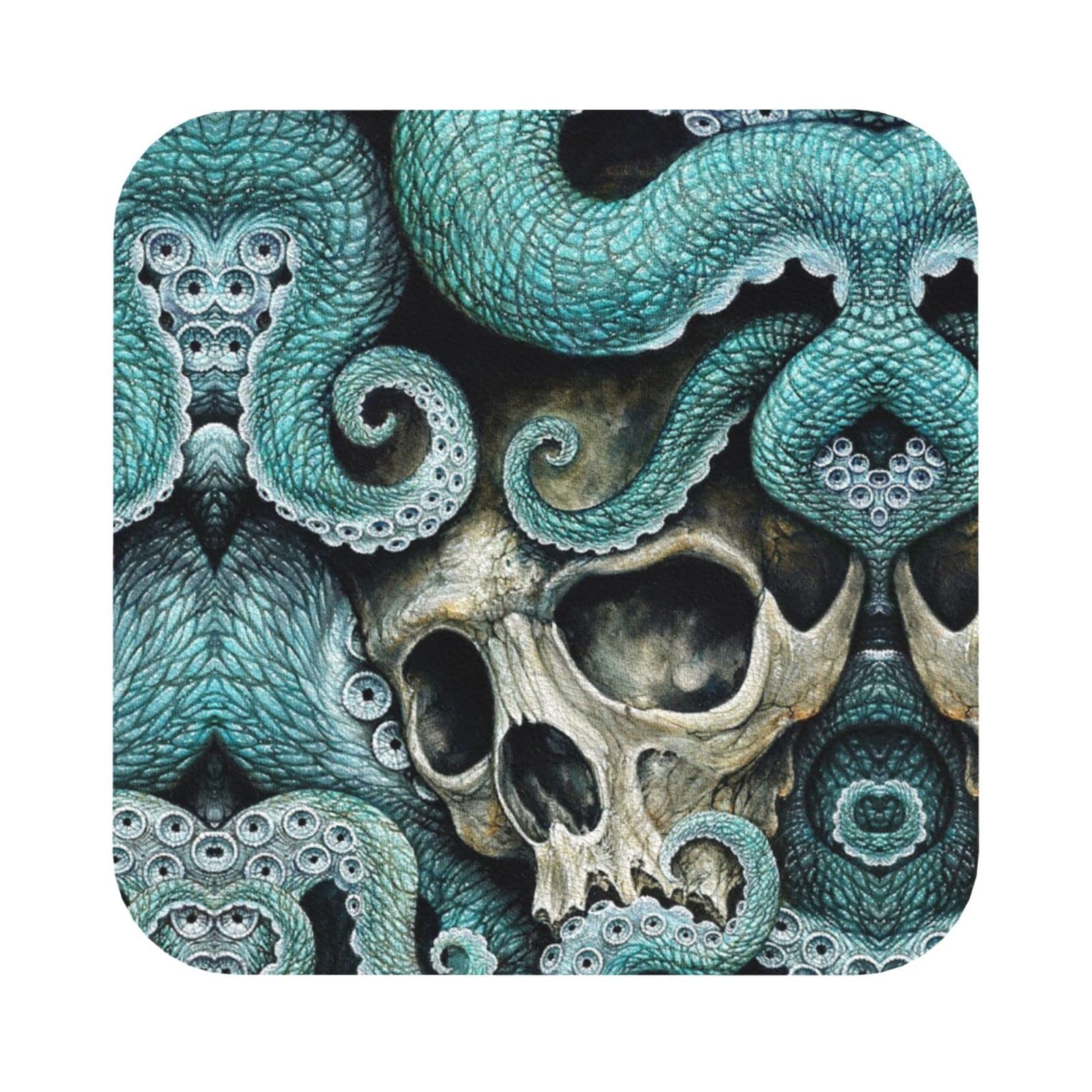Kidinn Drink Coasters Set Of 6 Skull Octopus Art Print Leather Coasters Set,Home Kitchen Use Housewarming Gifts