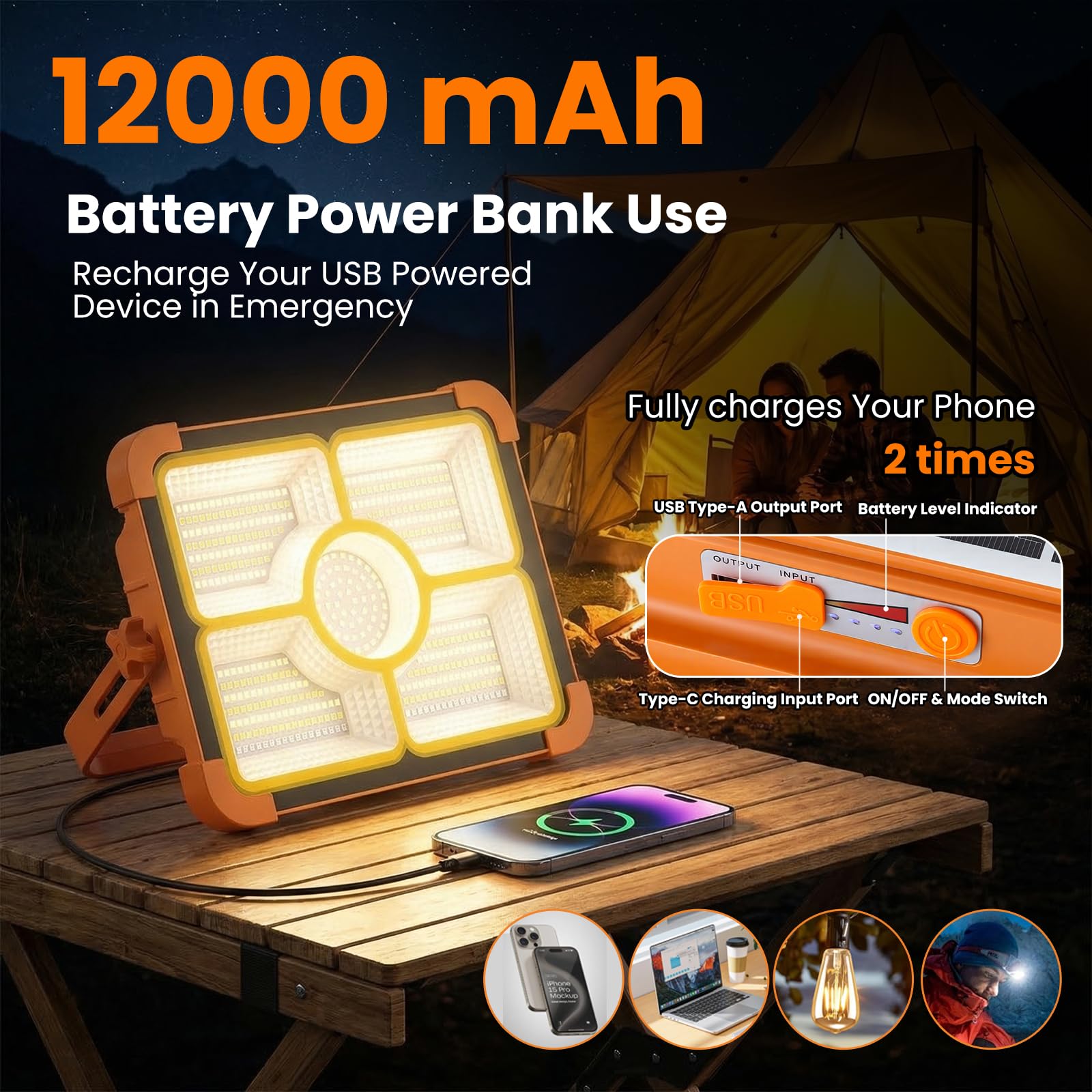 Lampe de camping rechargeable avec trépied, lampe de travail solaire portable 12 000 mAh, lampe de travail LED sans fil 12 000 lm avec 5 modes, étanche, équipement de camping, réparation de voiture