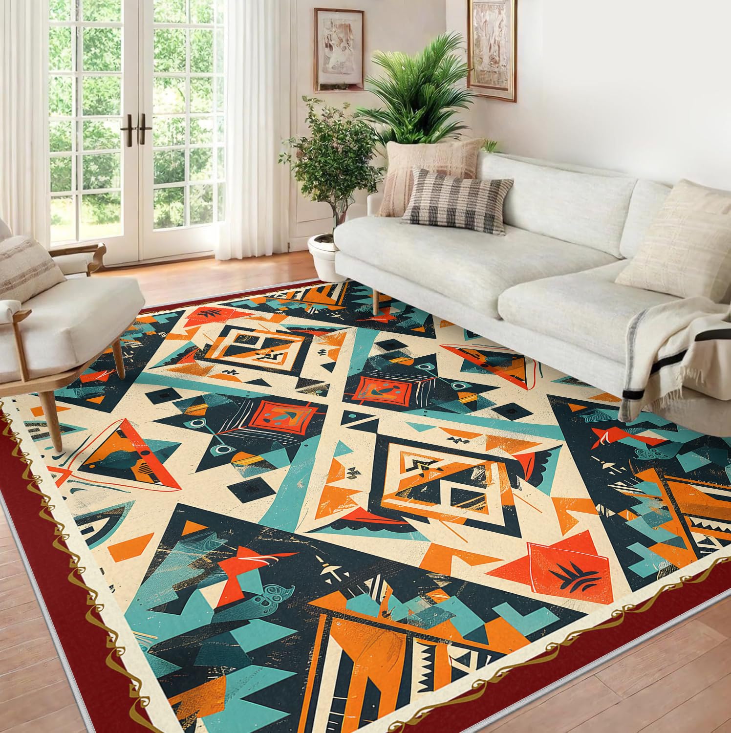 Nadający się do prania dywan do salonu, duży, miękki, aztecka geometria, antypoślizgowy, w stylu boho, odporny na plamy, podłoga wewnętrzna do sypialni, pokoju dziecięcego, jadalni, domu