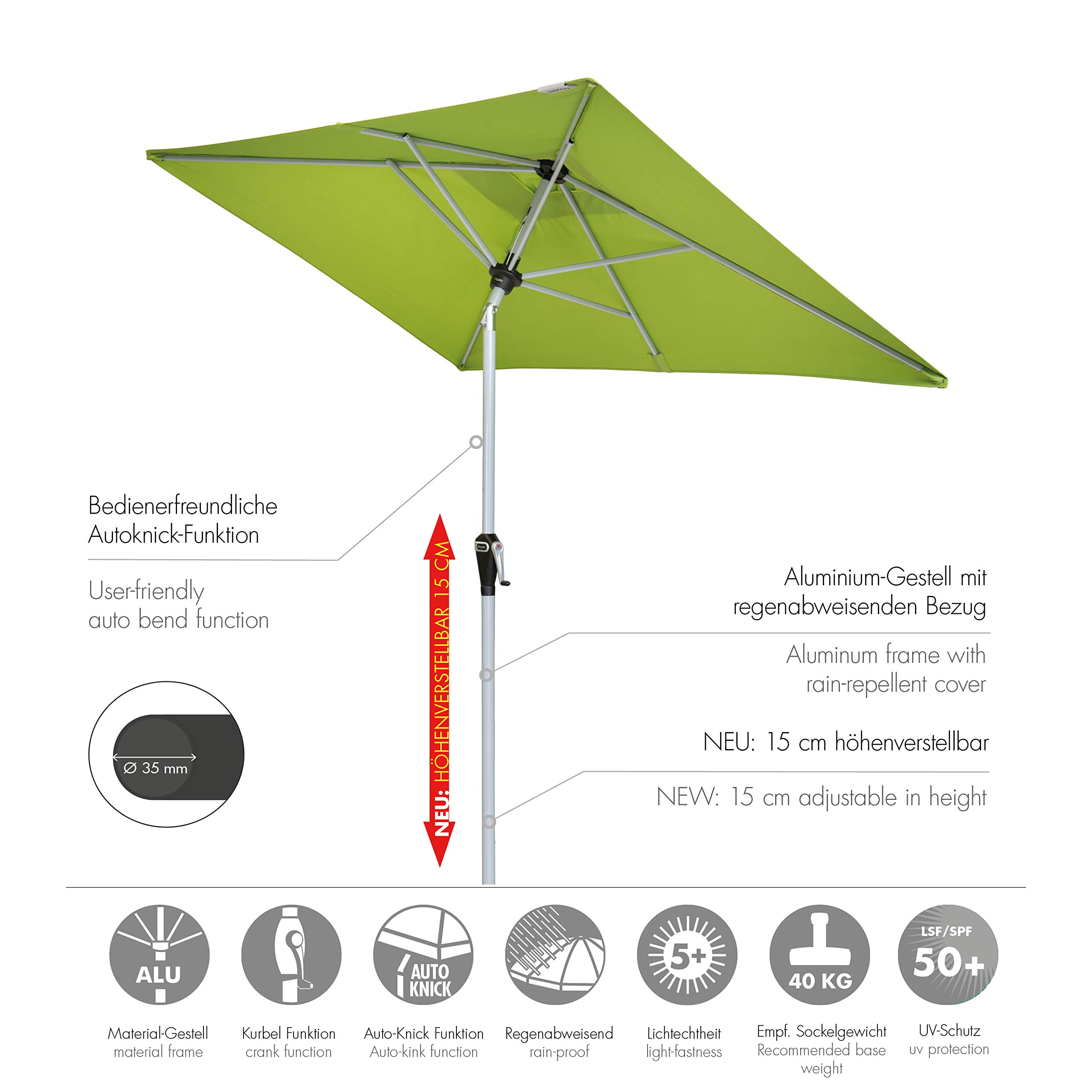 Doppler Active Auto Tilt 210 x 140/210 – parasol przeciwsłoneczny z korbą, idealny na balkon, odporny na deszcz, zginany, ok. 210 x 140/210 cm