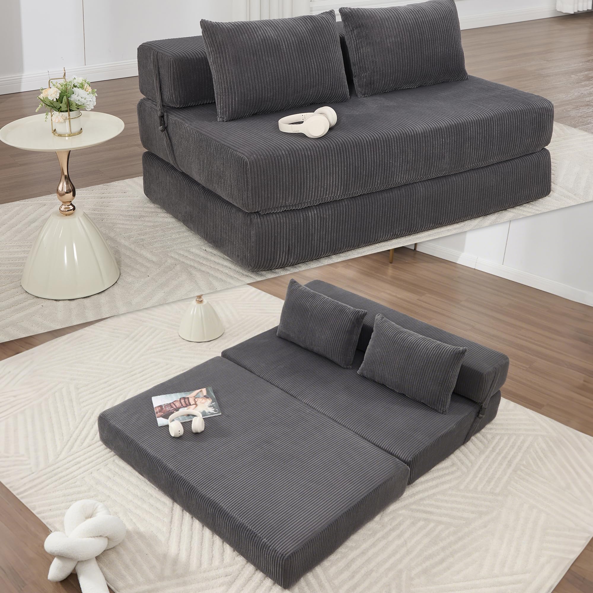 Suheww Folding Sofa Bed Full Size, Modern Corduroy Floor Boneless Loveseat Couch Bed with 2 Pillows, Comfy 3 in 1 Convertible Sleeper Sofa for Living