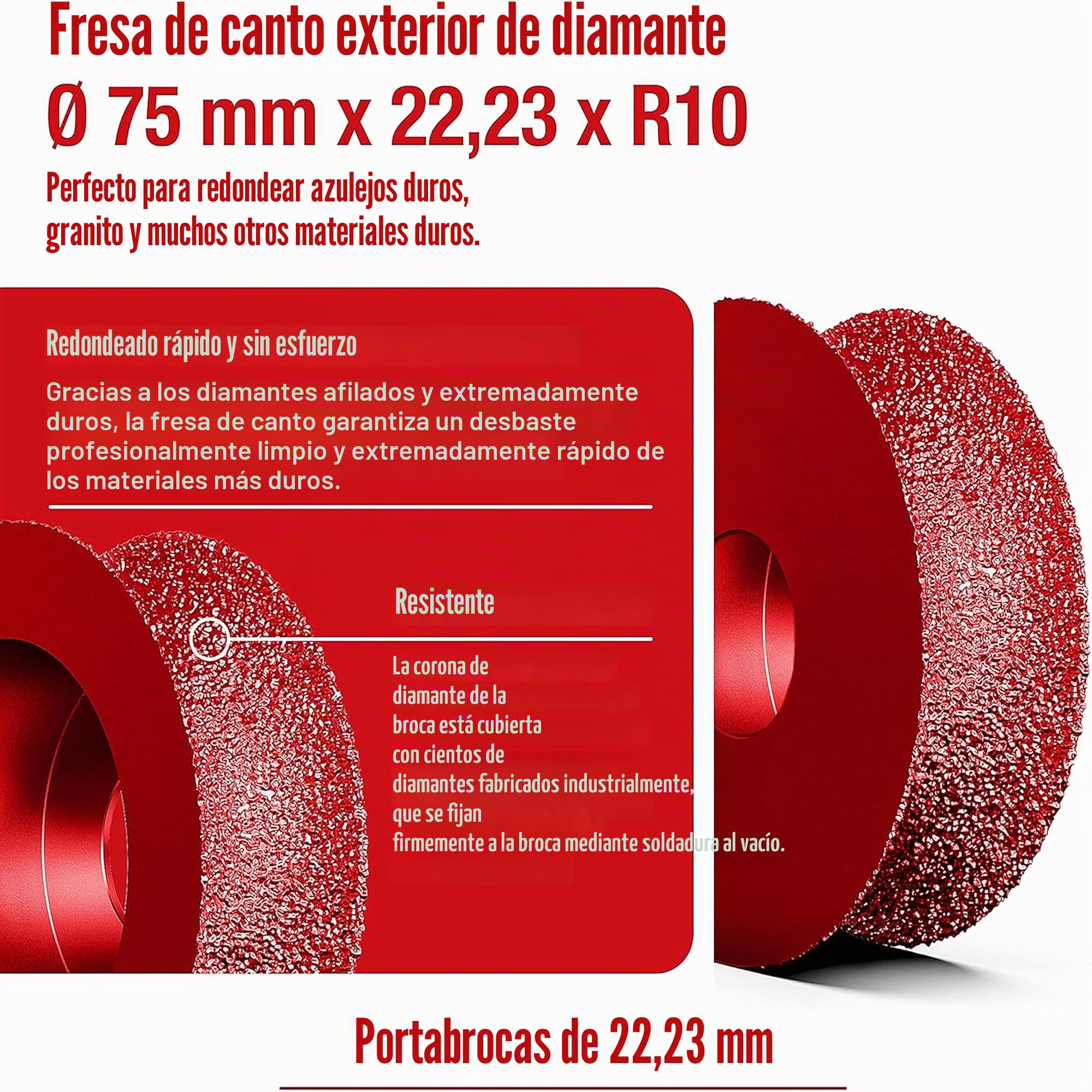 SEDION ® Fresa de diamante para bordes exteriores - Ø 75 mm x 22,23 x R10 para redondear baldosas duras granito etc - Fresa de radio compatible con amoladora angular Bosch Makita & u.v.m Flex