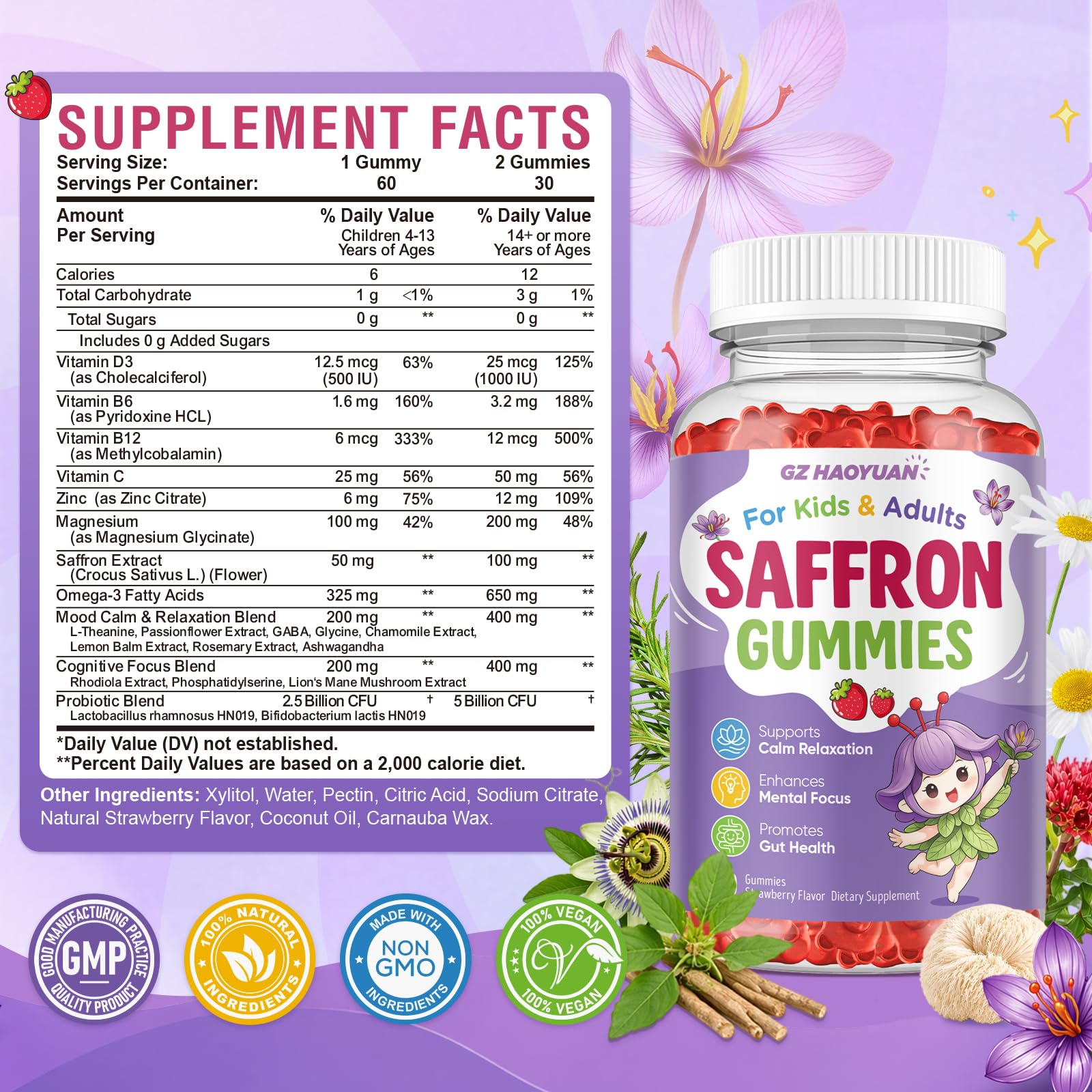 Saffron Gummies for Kids & Adults, 21-in-1 Saffron Supplements with 100mg Saffron Extract, L-Theanine, Magnesium, Omega-3, GABA, D3, B6, B12 & C, Supports Mood, Focus & Gut Health, Sugar-Free, Vegan — Amazon image 2