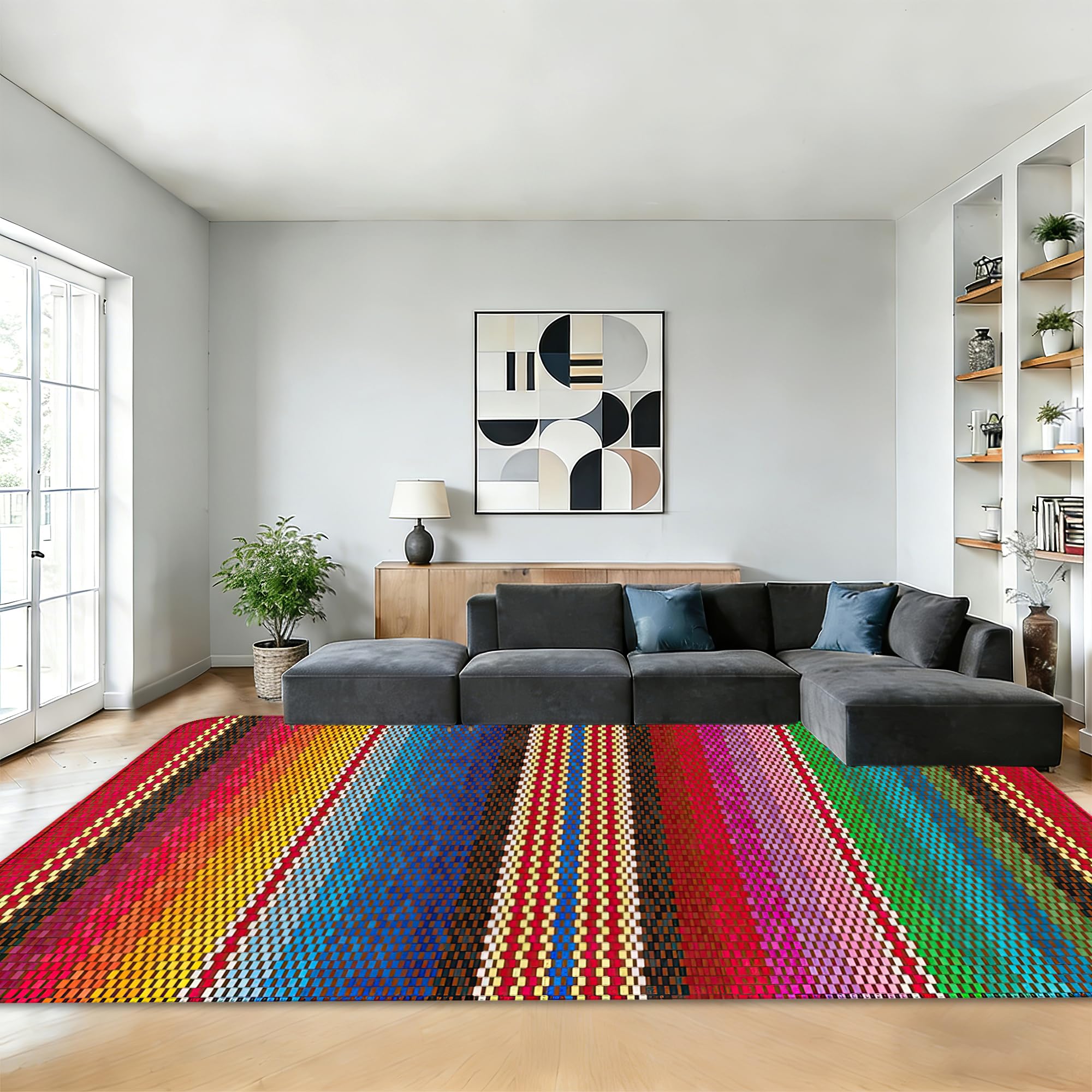 Mexican Ethnic Rug for Living Room 5x7,Boho Rainbow Stripes Machine Washable Area Rug Soft Stain Resistant Floor Large Carpet for Bedroom,Farmhouse,