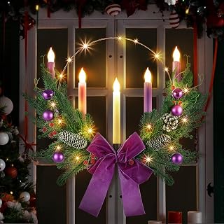 1 Set Advent Wreath with 5 Flameless Candle (Pink Purple White) and Timer Remote Control, 1 Advent Wreath Candle Holder, 1 LED Strings for Holiday Party Decor(Classic,20 Inch)