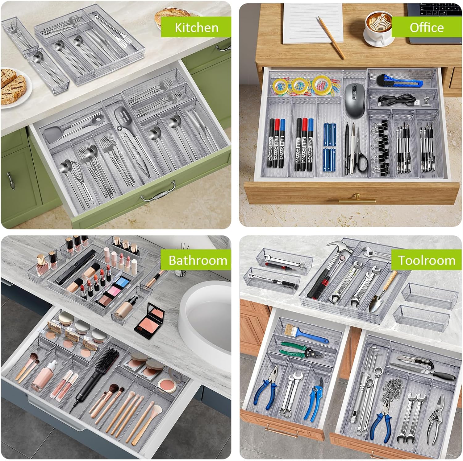 Neudeco Drawer Organizer Set 6 Pack - 5-Compartment Silverware Organizer Tray + 5 Utensil Trays, Kitchen Drawer Organizer for Flatware, Cutlery, Office Supplies, Silver Mesh, Non-Slip