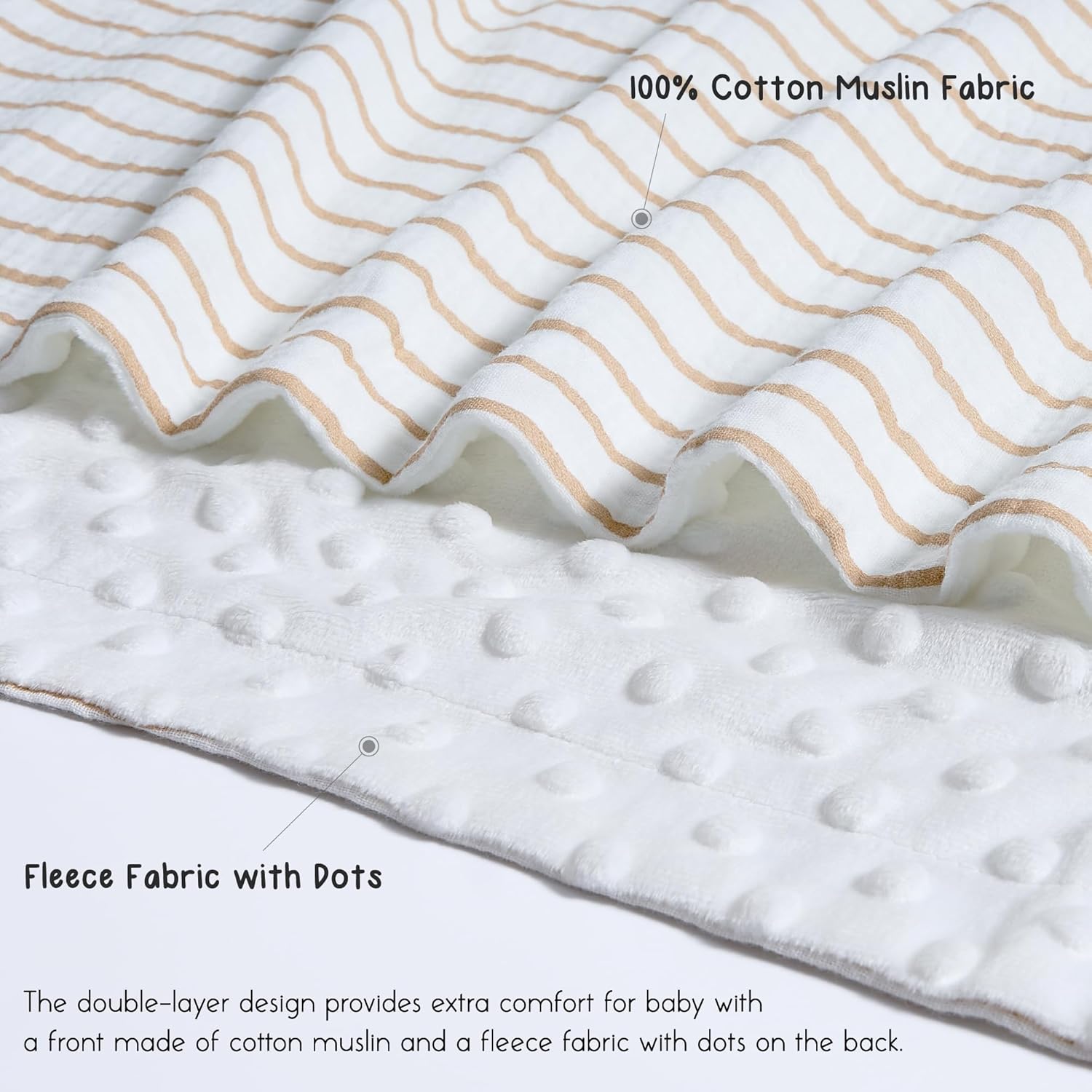 Meracorallo 30" x 40" Baby Blankets, Cozy Soft Muslin Fleece Nursery Blanket, Infant Toddler Bedding Crib Cot Stroller Blanket with Muslin Cotton Front and Minky Dotted Fleece Backing, Neutral Stripe - Image 5