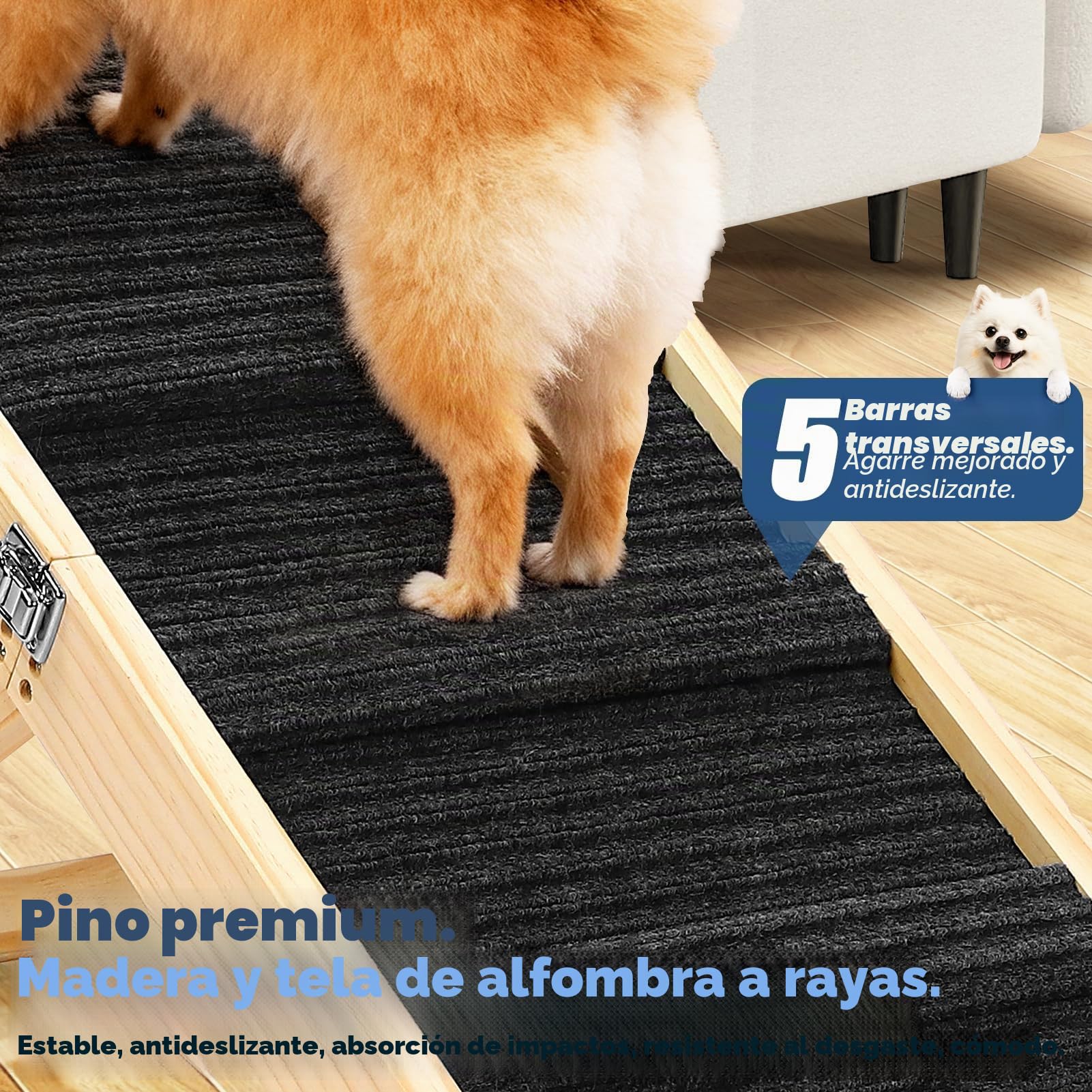 Rampa Plegable para Perros de Madera para Cama, sofá, rampa Ajustable para Perros pequeños, Altura 25-52 cm, Longitud 83 cm, Ancho 35cm, Superficie Antideslizante, Escalera para Perros
