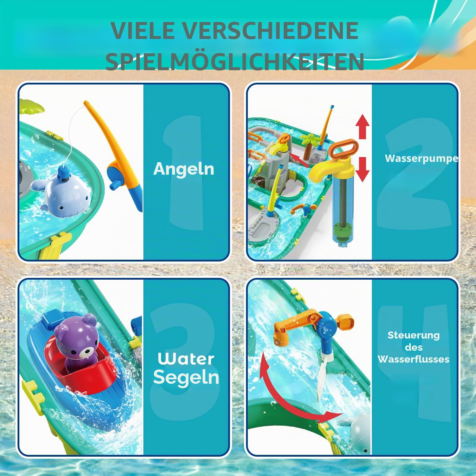 JONRRYIN Wassertisch Spielzeug, Wassertisch Kinder Draußen Spielzeug, Strandspielzeug Wasserbahn Set Wasserpark Spielset mit 2 Booten und Angelfunktion, Sommer Wasserspielzeug für Kinder 3+ Jahr