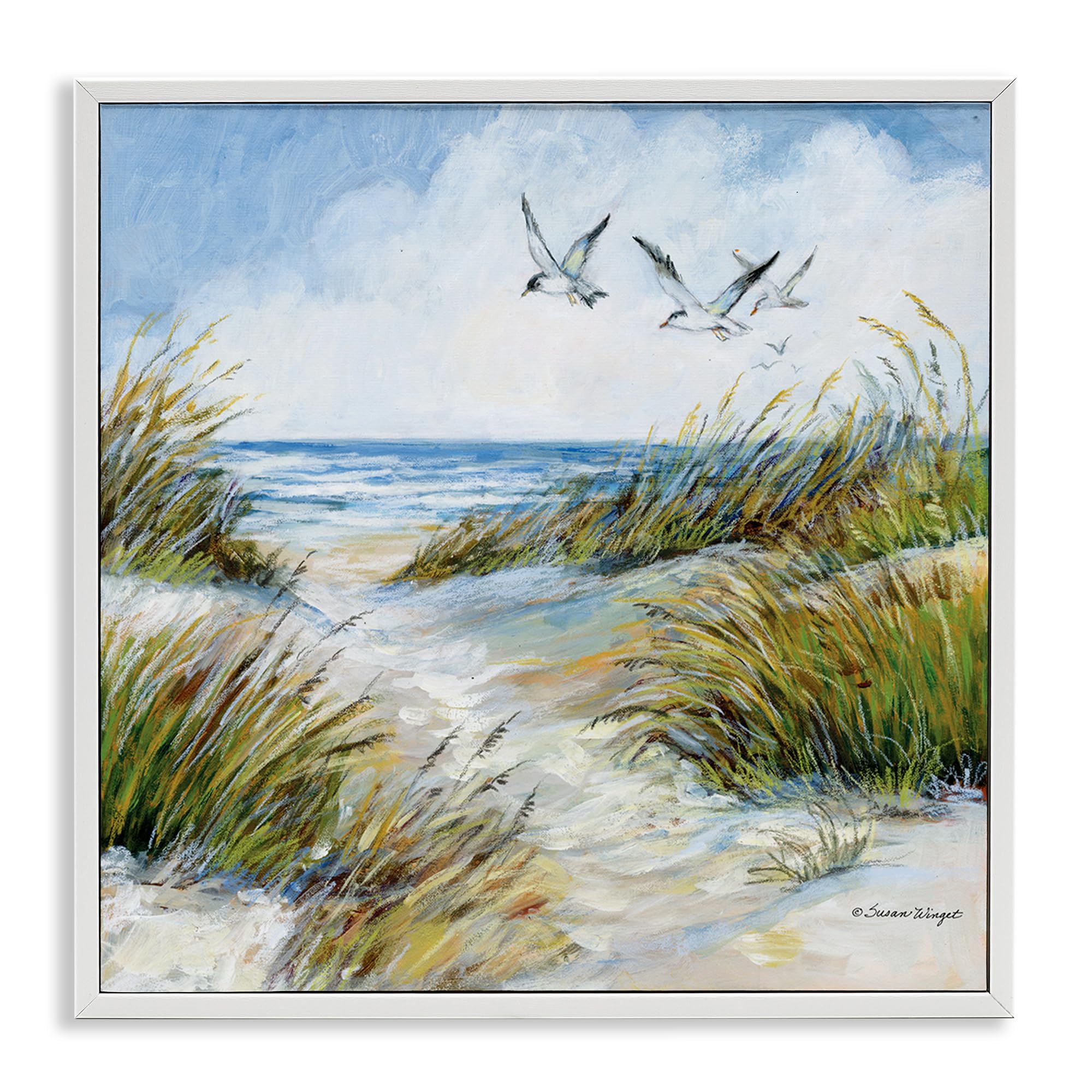 Stupell Industries 'Beach Path Seagulls Overhead', Framed Giclee Art, White, 24 x 24 Inches, Easy to Hang and Sturdy, Made in USA, by Susan Winget