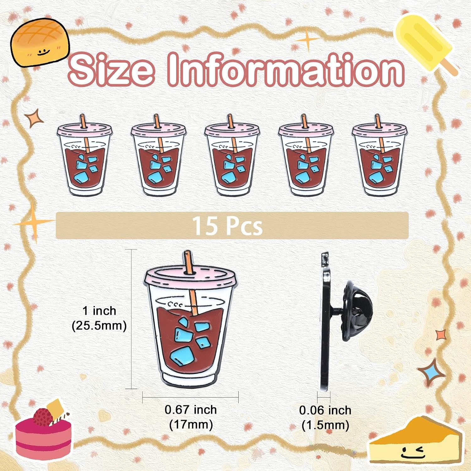 Airssory 15 Pcs Ice Coffee Cup Enamel Alloy Brooches Drink Beverage Cup Badge Pins for DIY Clothes Backpack Sweater Decooration Craft Wedding Banquet