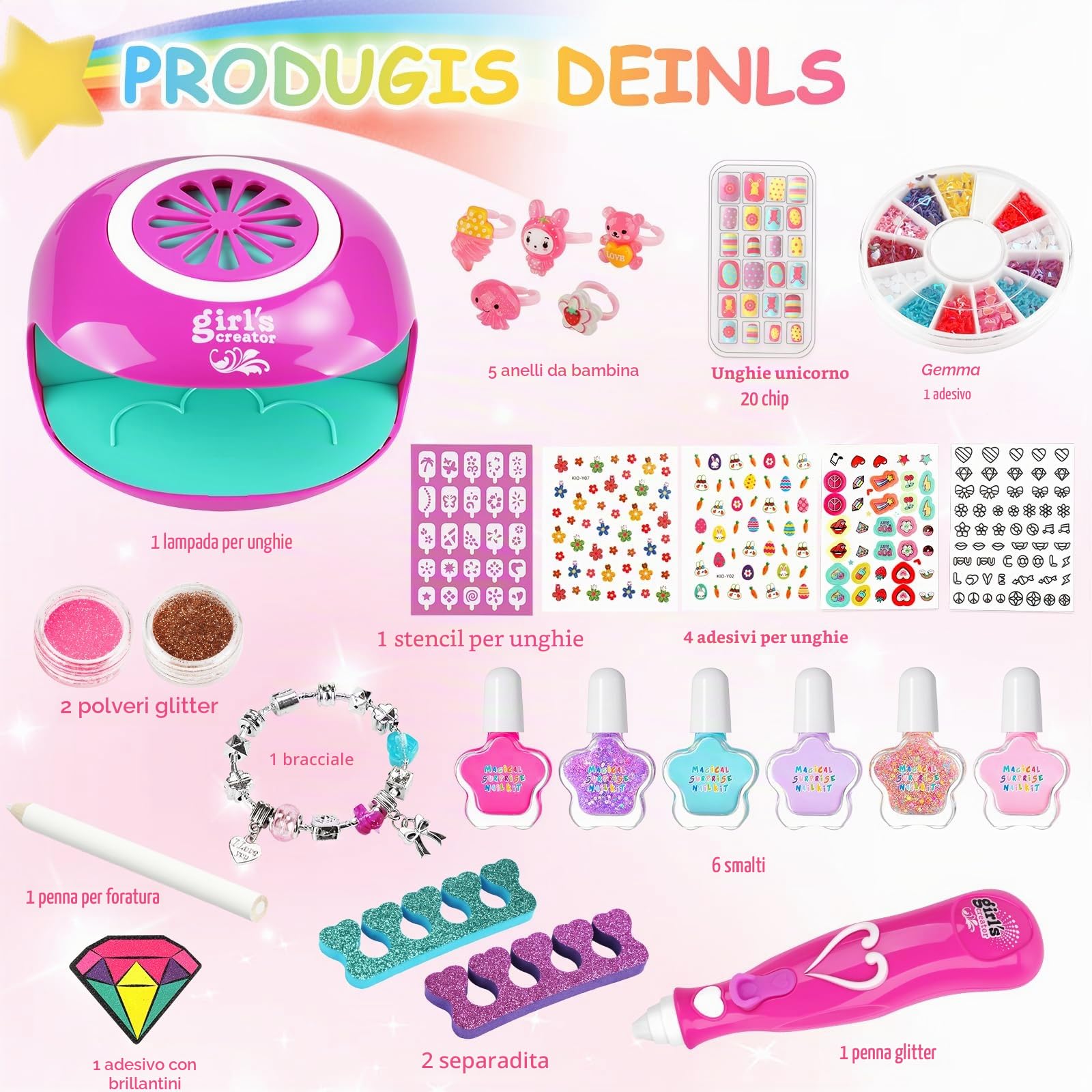 Kit Unghie Bambina,Unghie Set Manicure Gioco,Kit Gioco Per Unghie Bambina,Smalti per Bambinas,Regalo Bambinas 6 7 8 9 10 11 12 Anni,Giocos di Nail Art,Set Trucchi Regalo Compleanno Ragazza