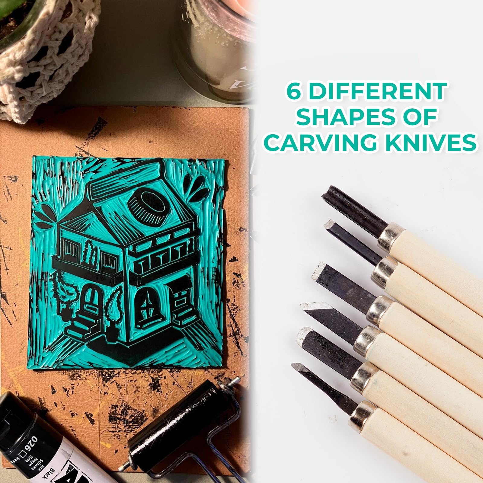 Kit Linogravure AINIUNIU - 14 Plaques Caoutchouc + Outils - Pour Sculpture Tampons Et Impressions
