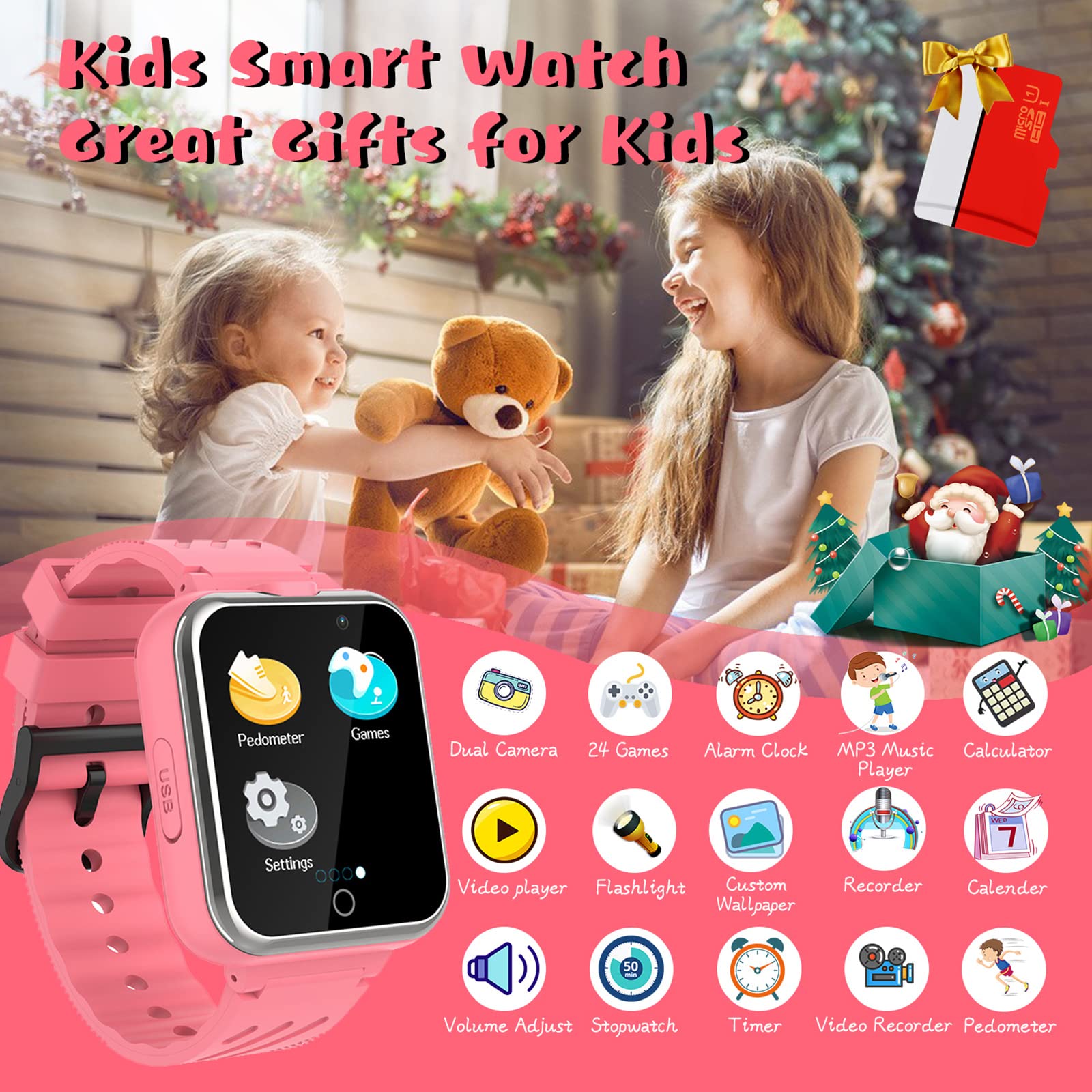 Smart Watch für Kinder, 24 Spiele, Schrittzähler, 2 HD-Kameras, modische Smartwatches für Kinder von 3 bis 14 Jahren, tolle Geschenke für Mädchen und Jungen (Rosa)…