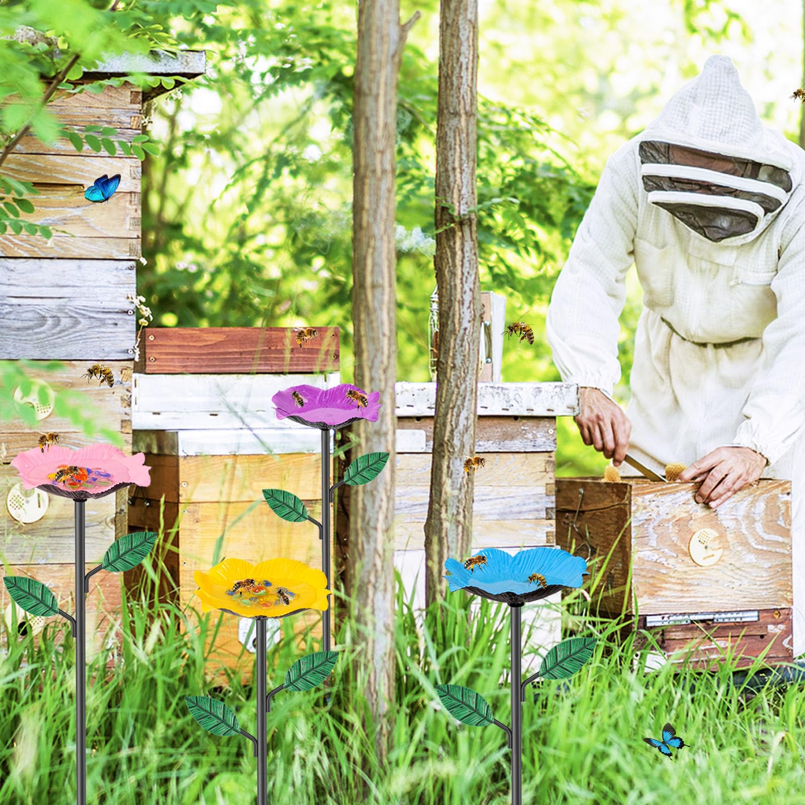 4Pcs Distributeur d'eau pour Abeilles,Abreuvoir pour Abeilles en Nid d'abeille Distributeur d'eau D'apiculture Mangeoire Eau Mangeoire à Miel D'abeillesDistributeur (Rose Bleu Jaune Violet)