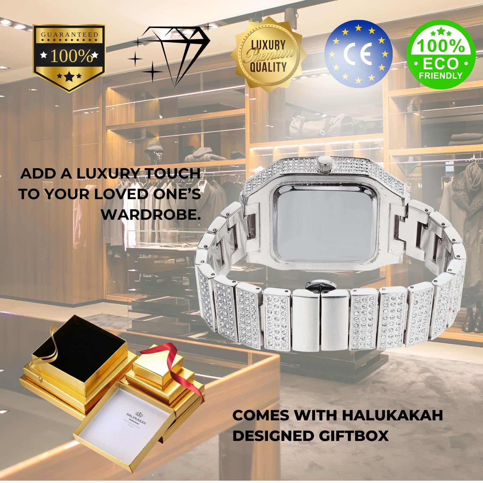 HALUKAKAH Zegarek męski - diament Moissanite Iced out - luksusowy pozłacany prawdziwym złotem 18K / platynowe białe złoto, kwadratowa tarcza 40 mm z cyframi rzymskimi, pasek 20,5 cm - w zestawie z