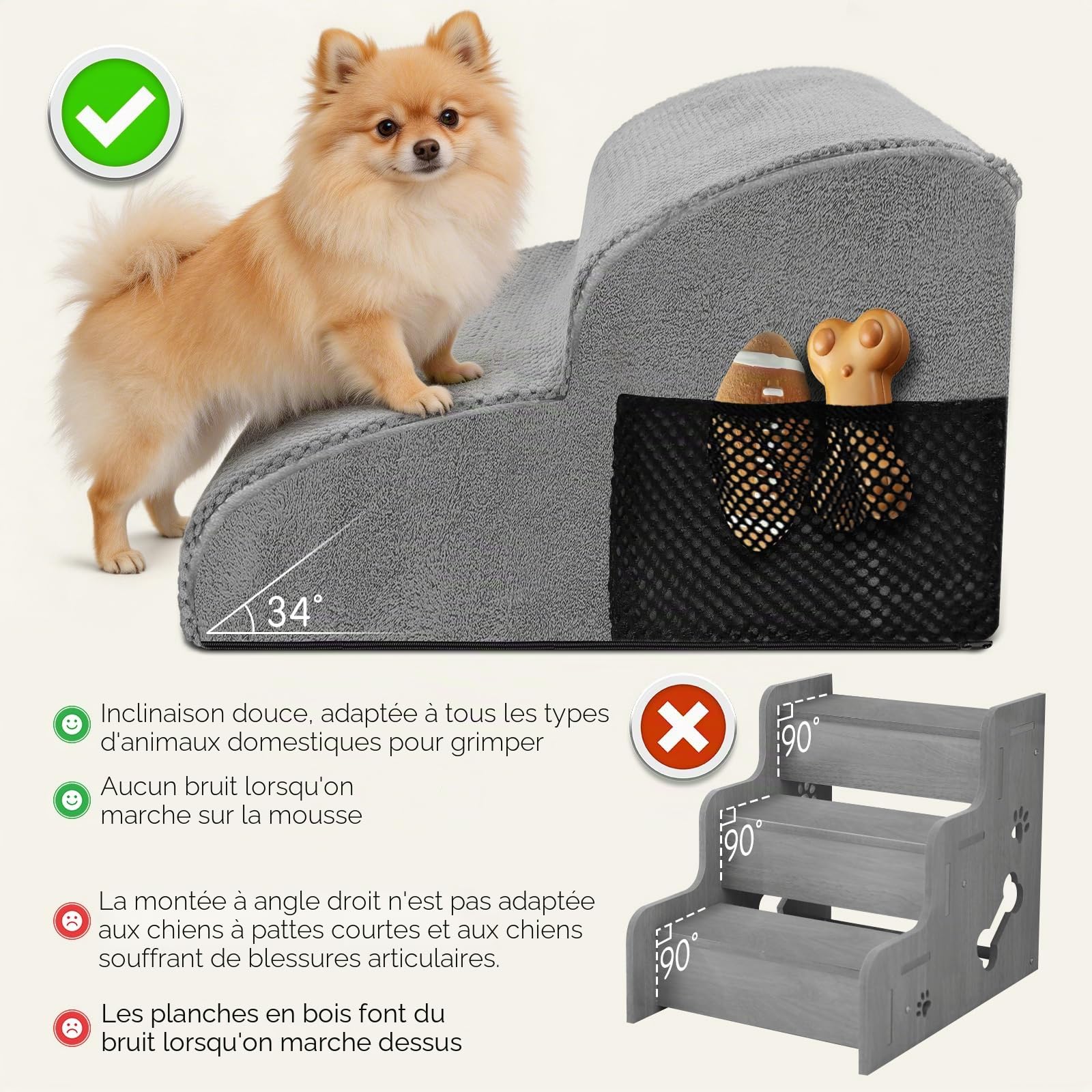 Escalier pour Chien à 2 Marches, Escalier en Mousse pour Chien Haute Densité avec Housse en Tissu Amovible et Lavable, Antidérapante Rampe Animaux pour Chiots et Animaux Agés, Gris