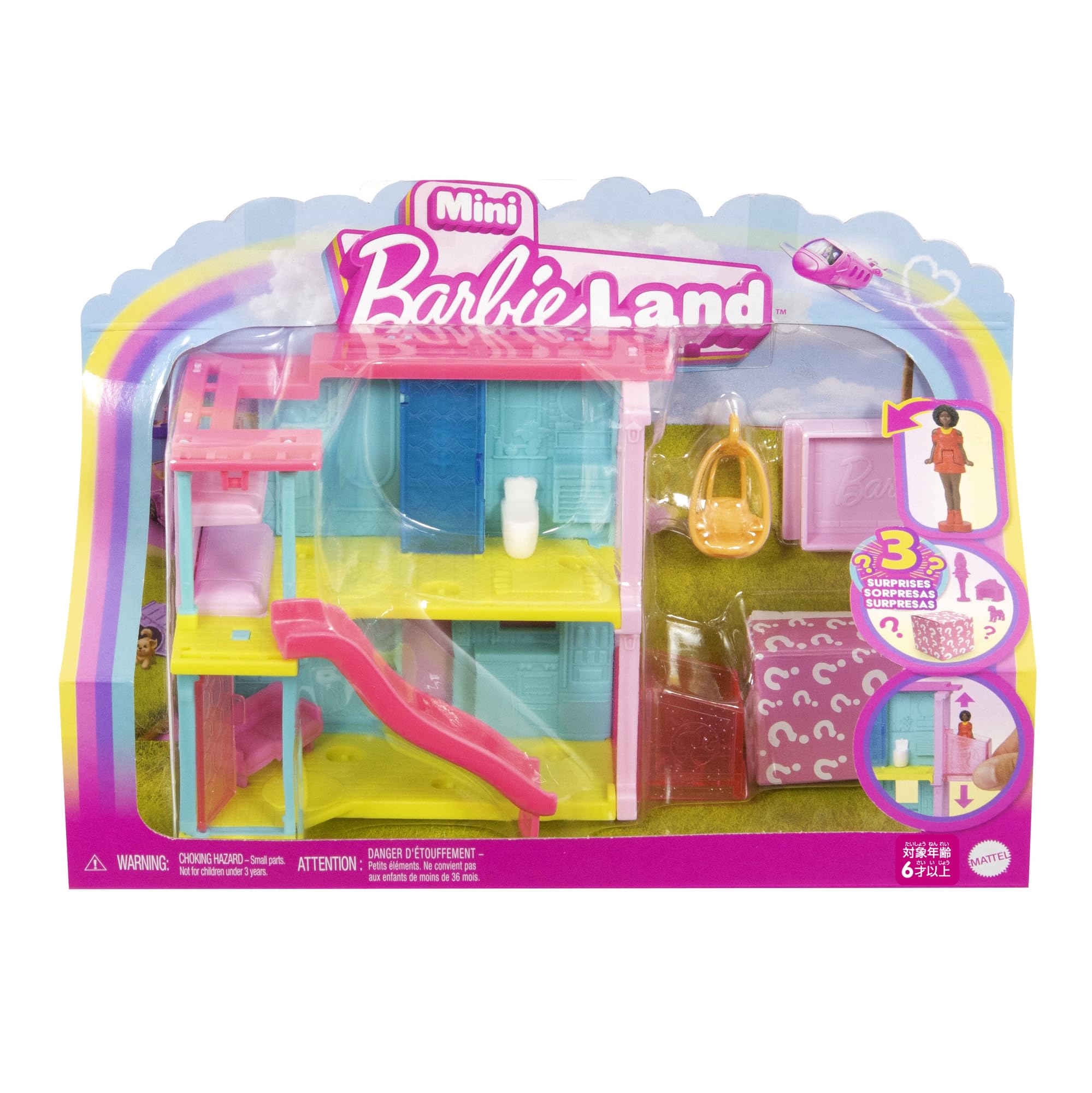 Barbie HYF46 Mini Barbie Land Dream House (Blue / Yellow) Theme Doll House Pretend Play Micro Doll + 1 Piece Playset 6 Years Old and Up Pink