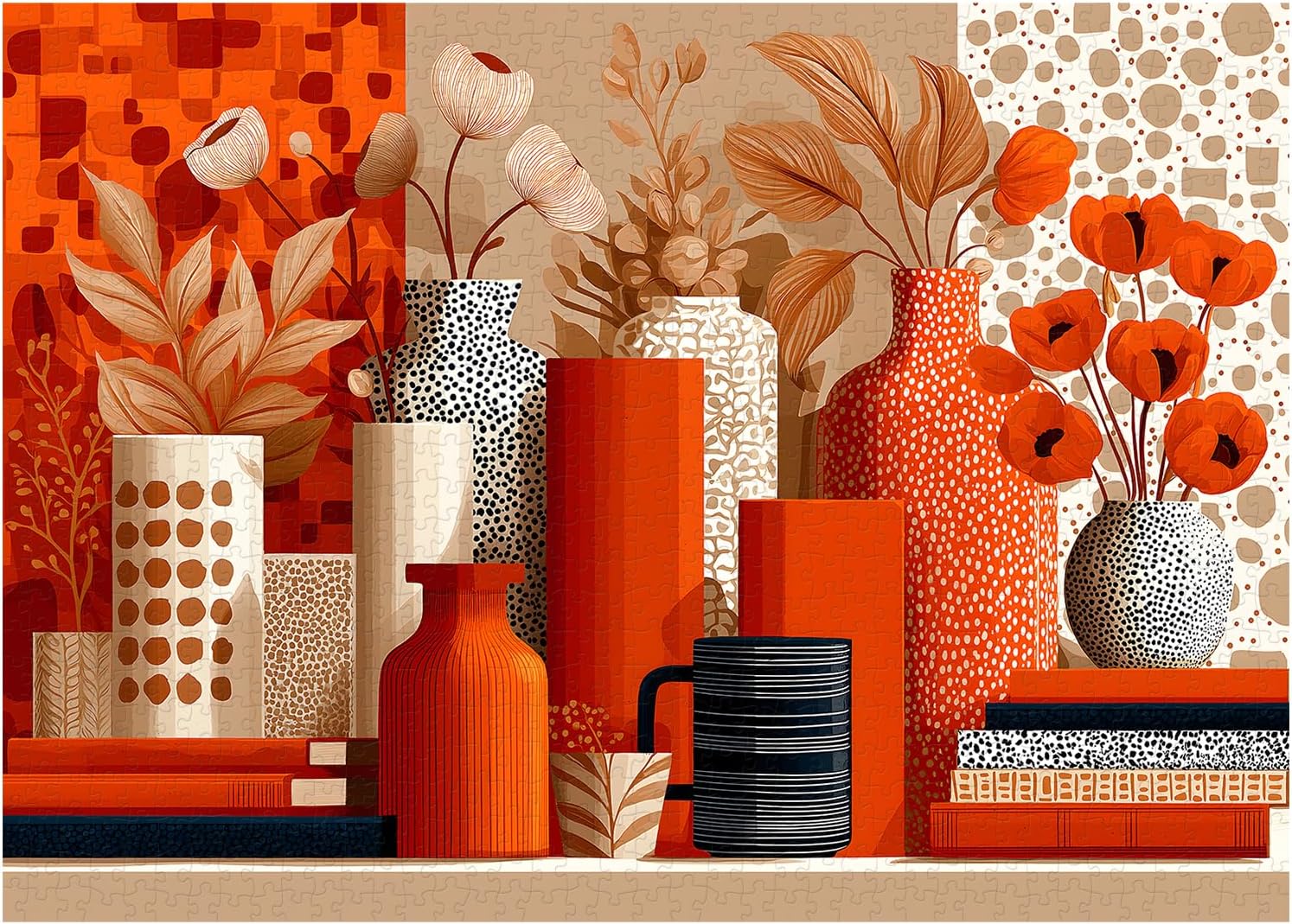 PICKFORU Burnt Orange Dreams Jigsaw Puzzles 1000 Pieces, Geometric Vase Bohemian Art Puzzles for Adults, Flower Plant Puzzle as Wall Decor