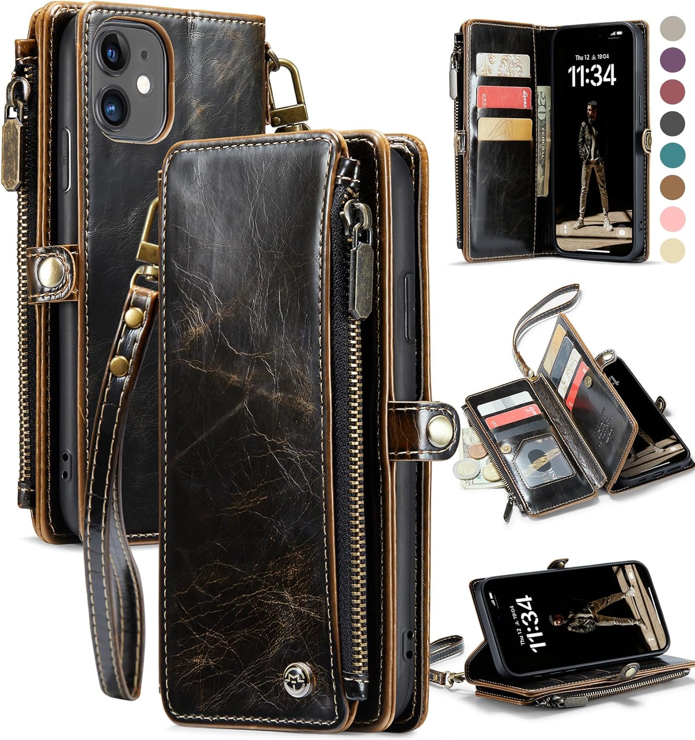 Defencase Compatible with iPhone 11 Case Wallet with RFID Blocking Card Holder for Women and Men, Fashion PU Leather Magnetic Snap Flip Zipper Strap Wallet Phone Case Fit for iPhone 11 6.1", Coffee iPhone 11 Luxury Coffee