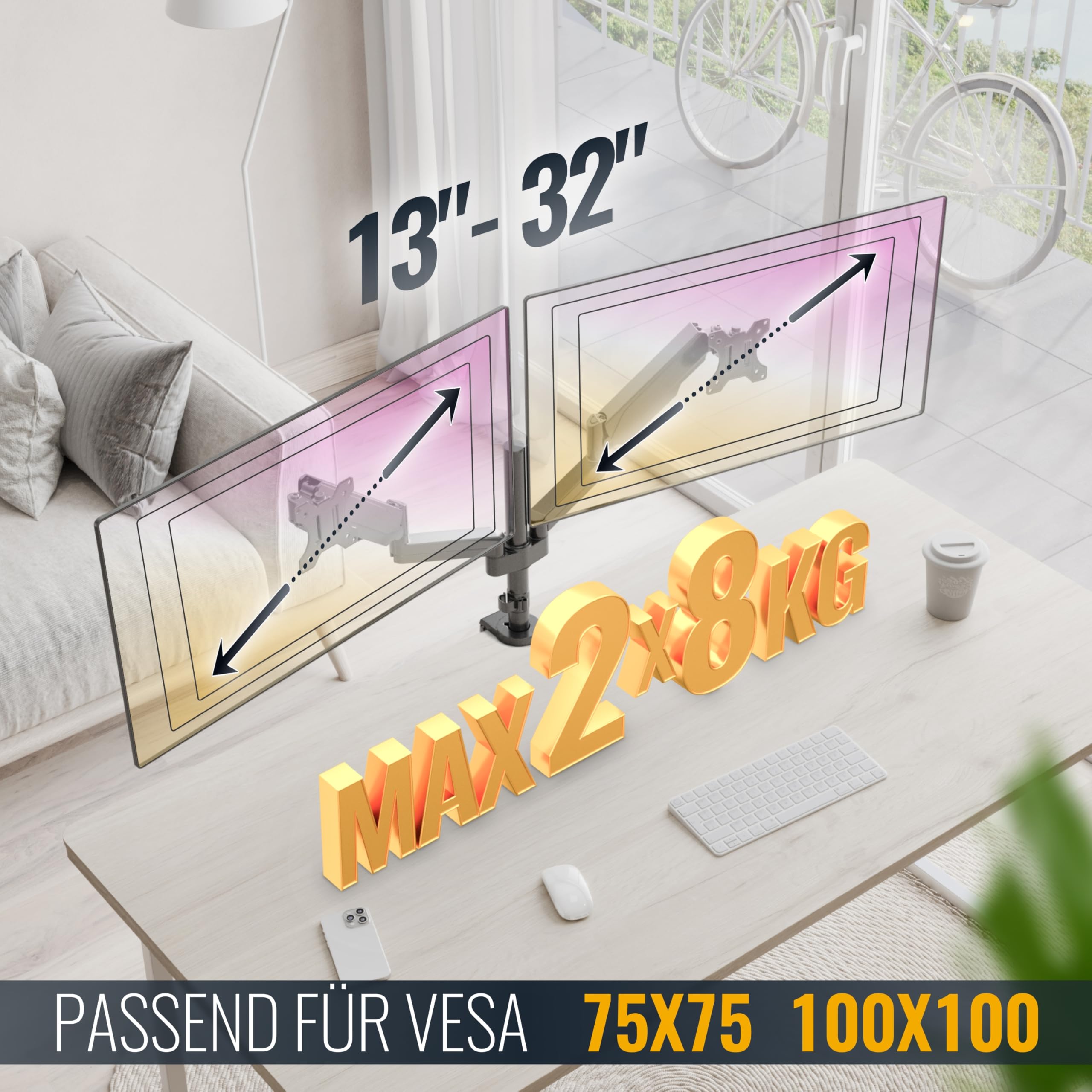 Ricoo Monitor Halterung 2 Monitore TS3911 Bildschirmhalterung Arme Dual Monitor Arm mit Gasdruckfeder für 13-32 Zoll Monitorhalter höhenverstellbar Bildschirm Halter VESA 75x75 100x100 – Bild 4