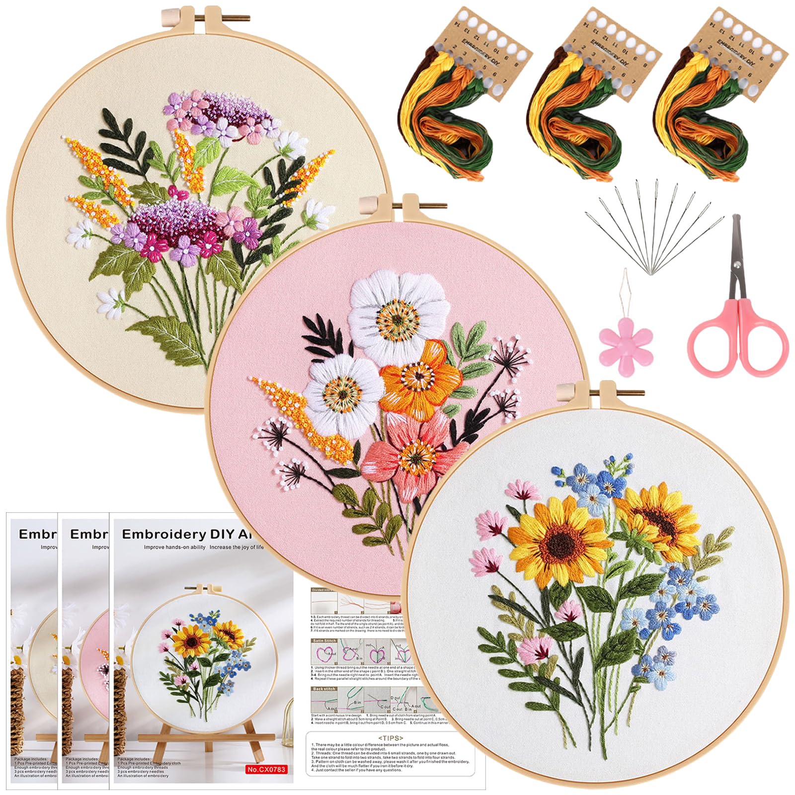 Herdiese 3PCS Embroidery Kit for Beginners with Floral Patterns – Cross Stitch Kits for Adults Including Hoop, Pre-Printed Fabrics, Threads, 9 Needles & Scissors – Easy Instructions