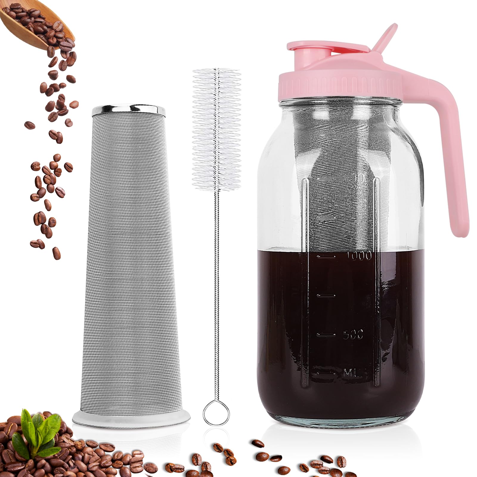 Cold Brew Coffee Maker, 64 oz Mason Jar Pitcher with Stainless Steel Filter, Pour Spout Handle Lid, Heavy Duty Glass Airtight &amp; Leak-Proof for Iced Coffee,Tea &amp; Lemonade