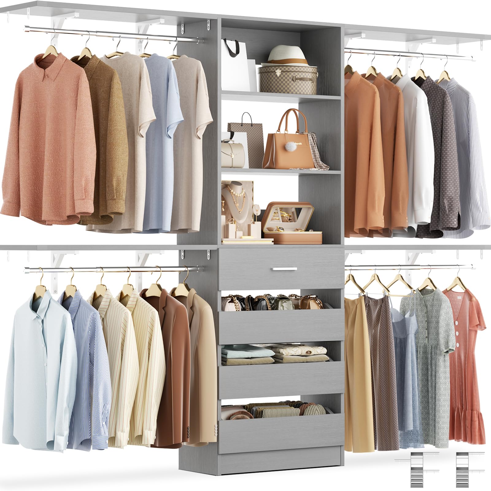 aheaplus closet system with 4 drawers, 8ft wood closet organizer system, 96’’ closet built in system tower with shelves, walk-in closet wardrobe clothes garment rack, fits spaces 4-9 ft, grey1