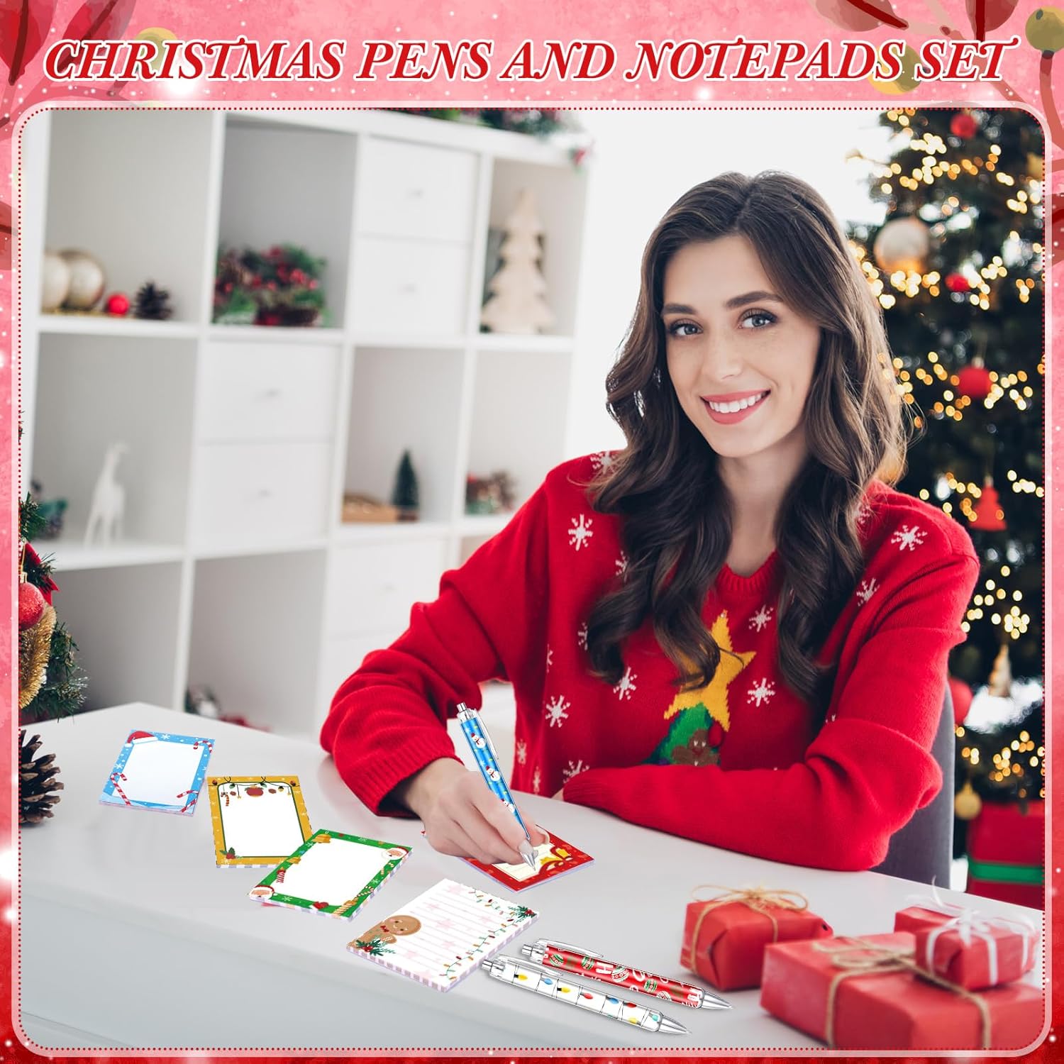 MotiMind 60 Pcs Christmas Pens and Notepads Christmas Sticky Notes Bulk, Smooth Writing Gel Ink Pens, Xmas To Do List Note Pads Party Favors Gift Set for School Office Home