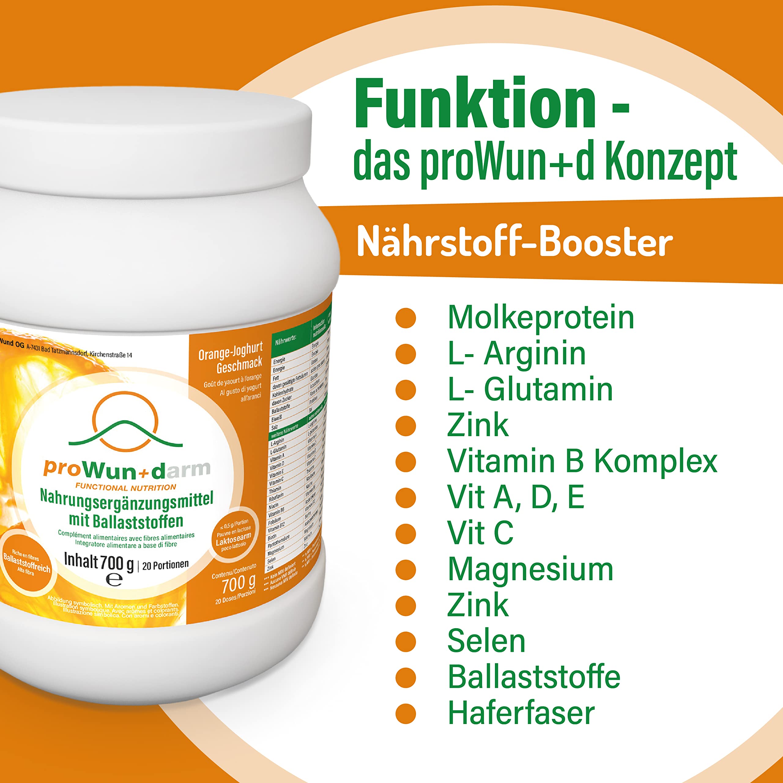 proWun+darm 700g, Nahrungsergänzungsmittel mit Ballaststoffen, Haferfaser, L-Arginin, L-Glutamin, Vitamine A+B+C+D+E, Magnesium, Selen, Zink, laktosefrei, Orange-Joghurt-Geschmack, Dose mit Pulver, 20 Portionen (1 Dose, 700g Pulver)