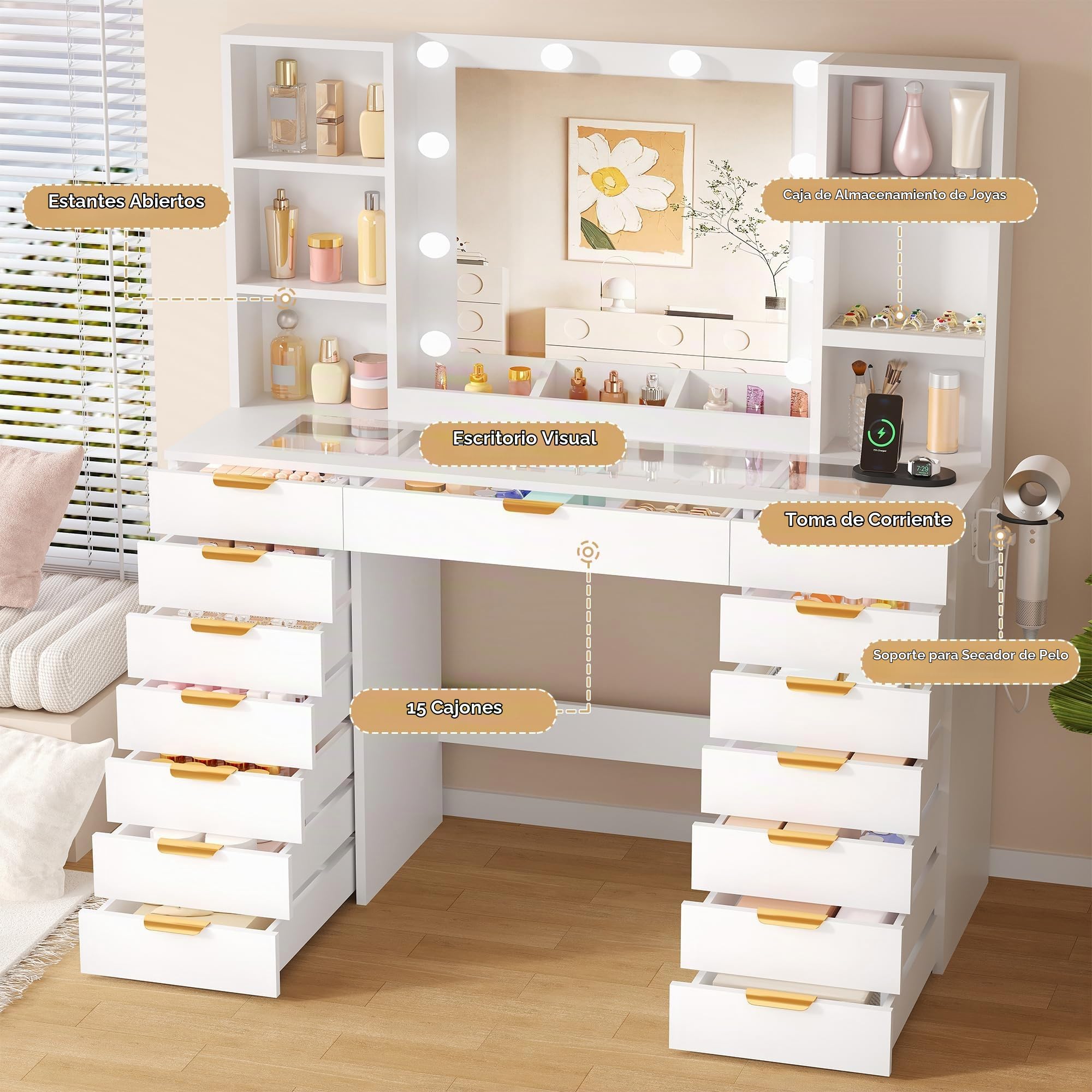 Grande Tocador de Maquillaje con Luz LED y Espejo,Vidrio,Enchufes