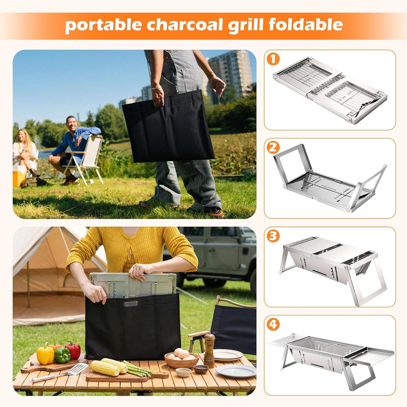Mały przenośny grill na węgiel drzewny, Mini składany grill do grillowania z 4-poziomową kontrolą ciepła, Stołowy grill na zewnątrz do Camping Essentials, Stołowy palec do podróży na piknik na trawnik
