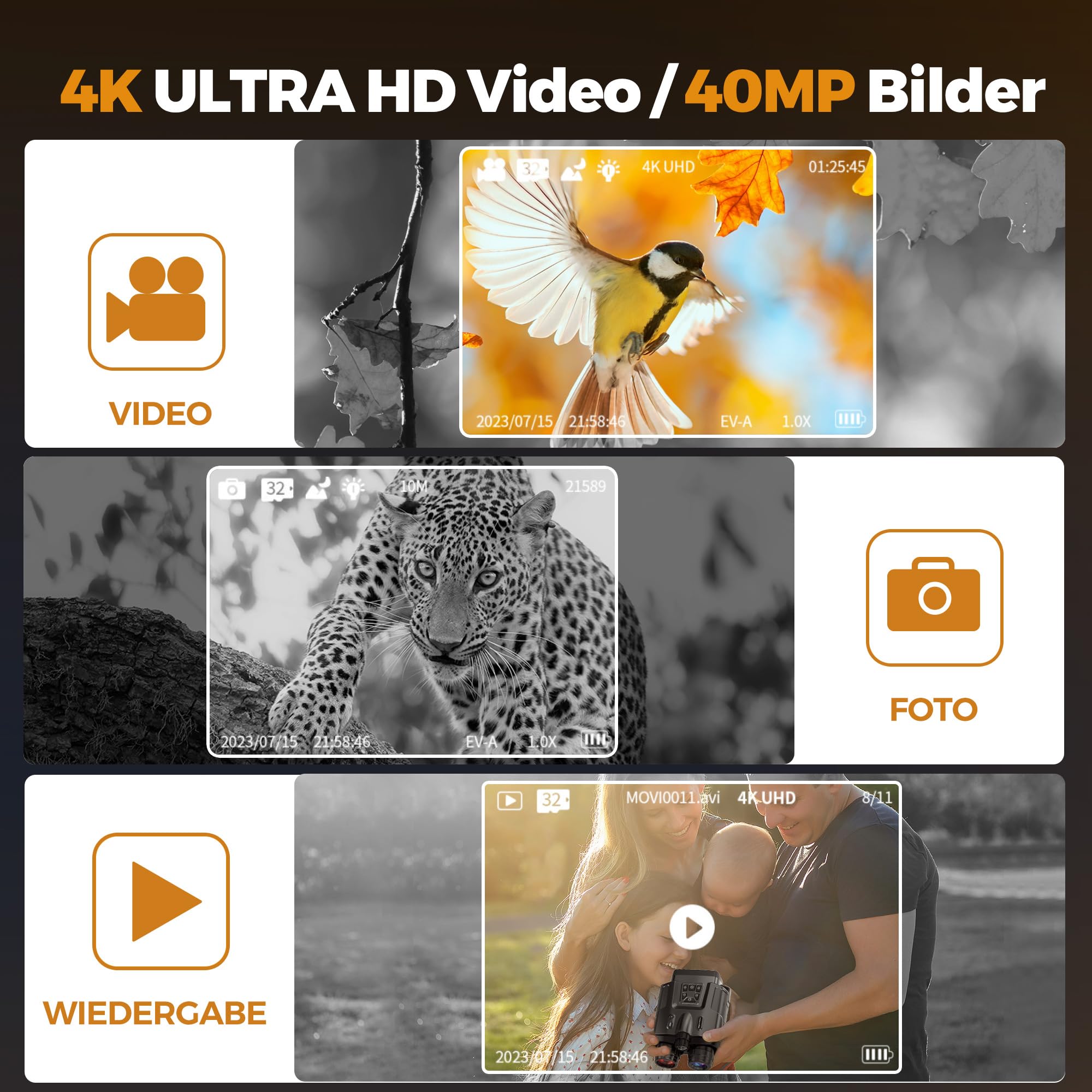 TKWSER Nachtsichtgerät, 4K 5000mAh Wiederaufladbares 3" Nachtsichtgeräte, 600M 8X Digitaler Zoom Infrarot Nachtsicht Fernglas, IP65 Nachtsichtgerät für Jagd Camping Beobachtung w/ 32GB TF Karte