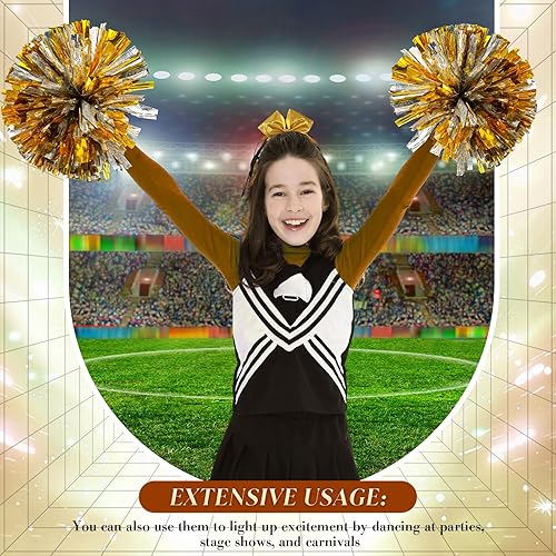 Miniatura 281 de Hanaive 3 pompones de animadora y lazo grande para animadora para el pelo, suministros metálicos para animadora de espíritu de equipo, deportes