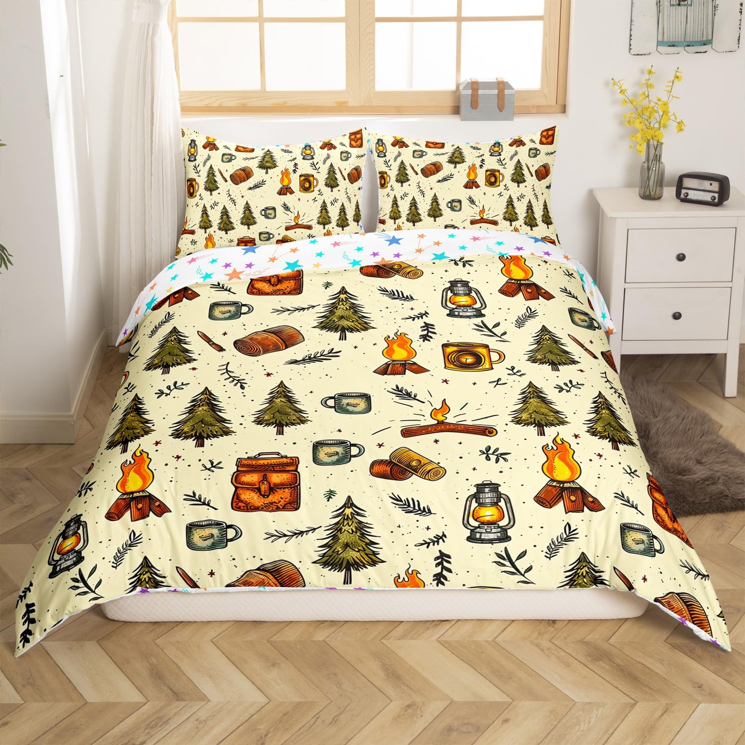Homemissing Camping Bedding Set Double Size Camper Comforter Cover Set for Boys Girls Teens Pines Duvet Cover Camper Bedspread Cover Room Decor Green Beige Quilt Cover,No Comforter — image 1