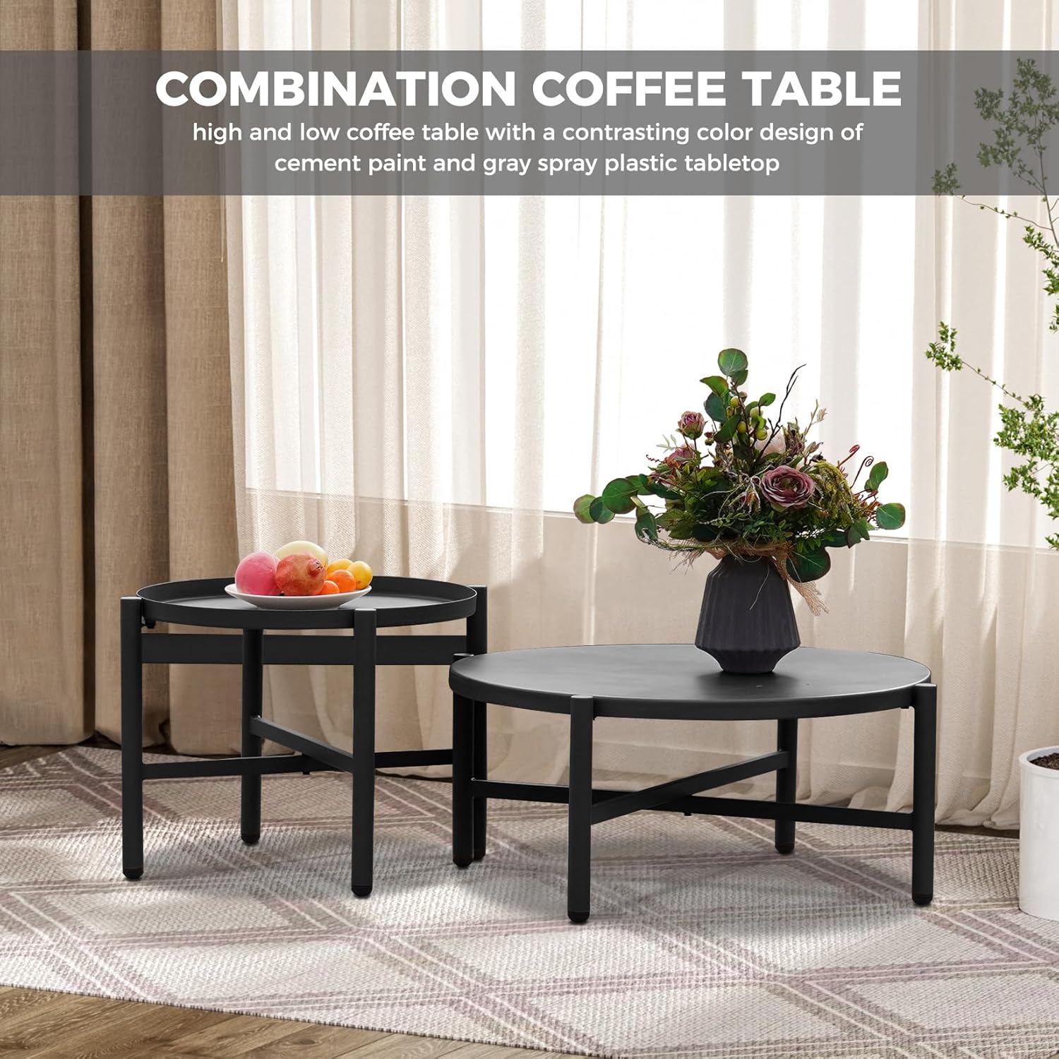 Grand patio 5-Piece Outdoor Furniture Set, Outdoor Sofa Set with 2 Round Side Tables, Modern Metal Patio Couch with Thick Waterproof Cushions for Porch Deck Backyard, Dark Grey