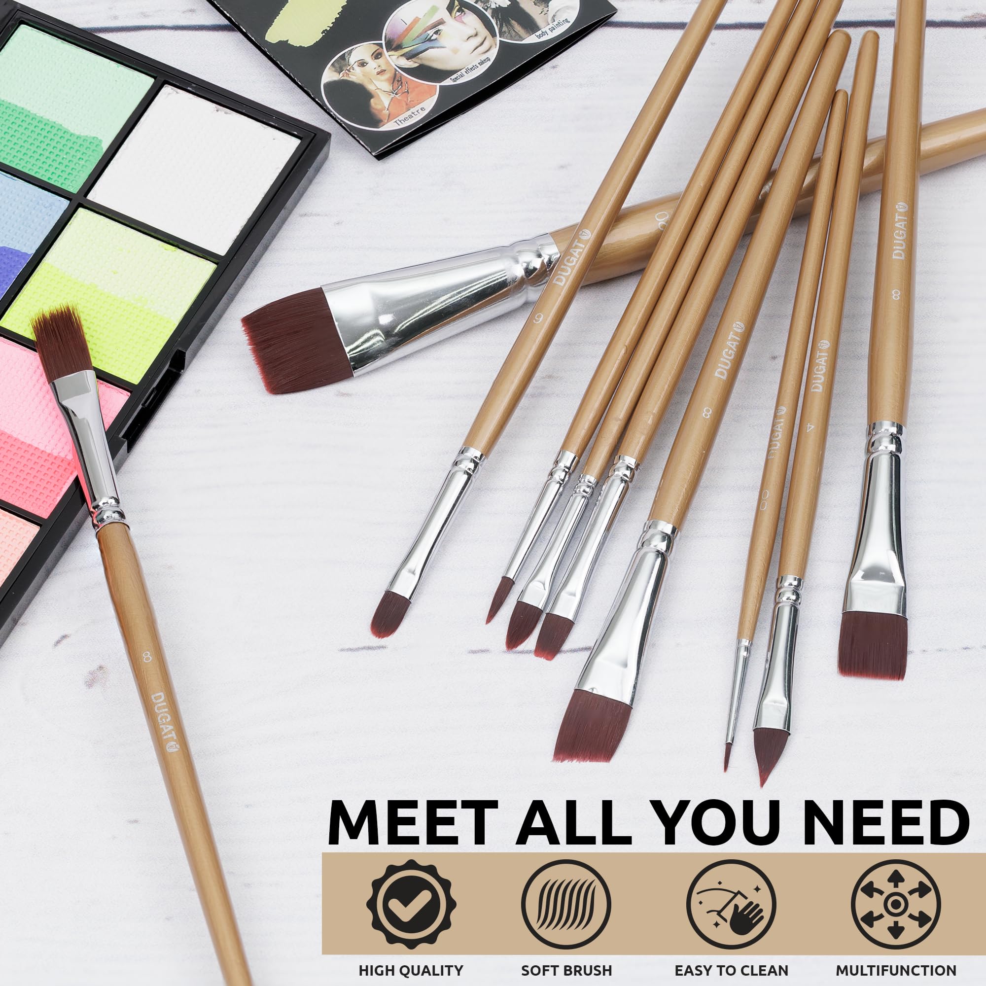 Juego de 10 brochas de maquillaje profesional con cerdas sintéticas suaves para la piel, mango ergonómico de madera para principiantes y artistas, ideal para Halloween, cosplay y manualidades