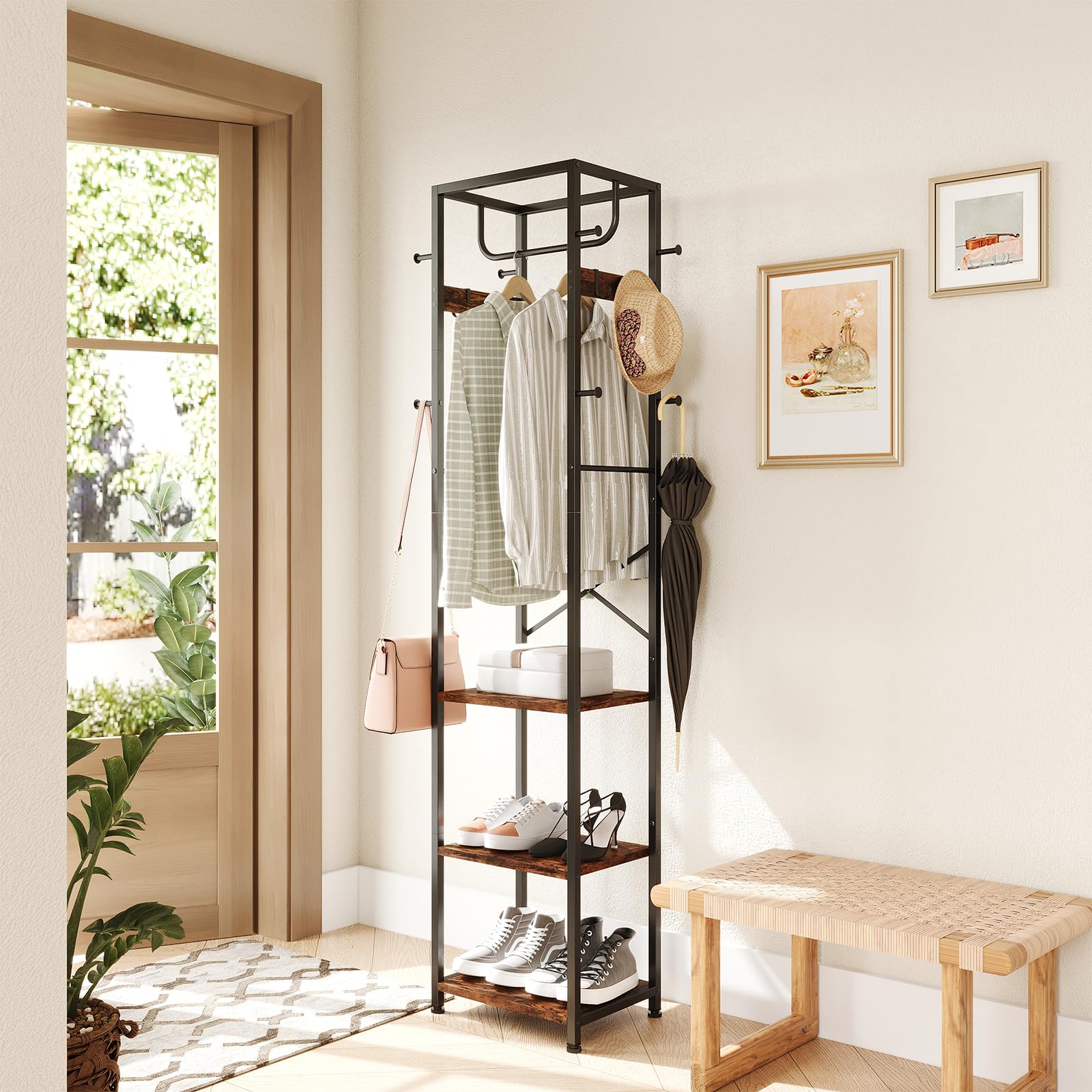 ELYKEN Vestiaire d'Entrée 40x30x180cm, Porte-Manteau Industriel | avec 3 Étagères Bois d'Ingénierie, Portant à Vêtements Gain de Place avec 12 Crochets pour Couloir Chambre, Marron Rustique