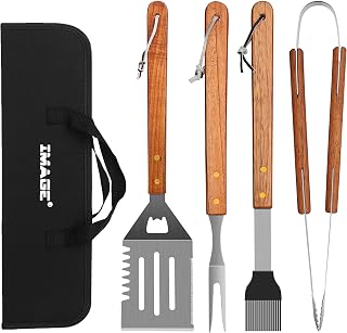 IMAGE 4-Piece Stainless Steel BBQ Grill Tools Set with Wood Handles - Spatula, Tongs, Fork, Brush for Barbecue, Camping & Gifts