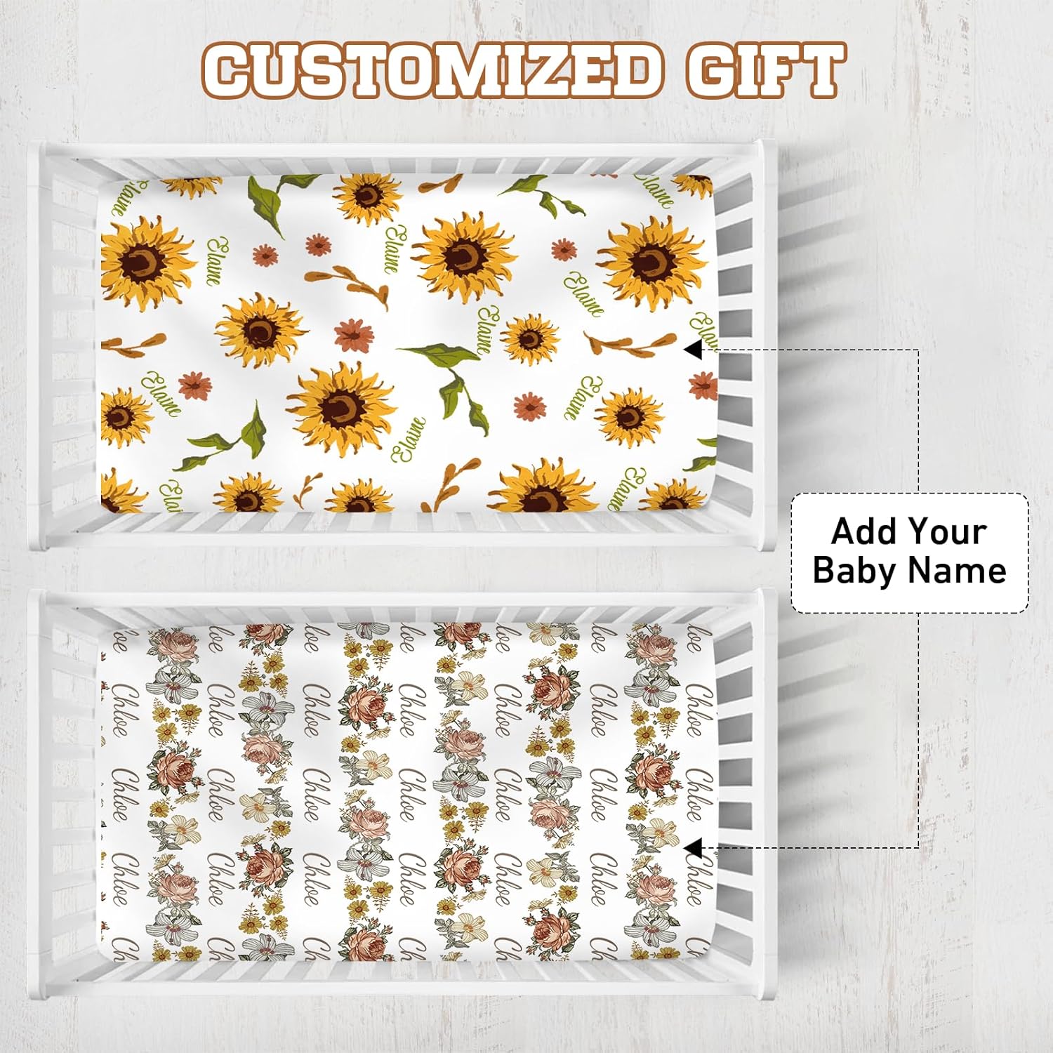Custom Name Crib Baby Sheets - Personalized 2Pcs Baby Bedding for Boys Girls - Portable Soft Cotton Changing Fitted Sheets Gifts for Newborn 0-6 Years Infant