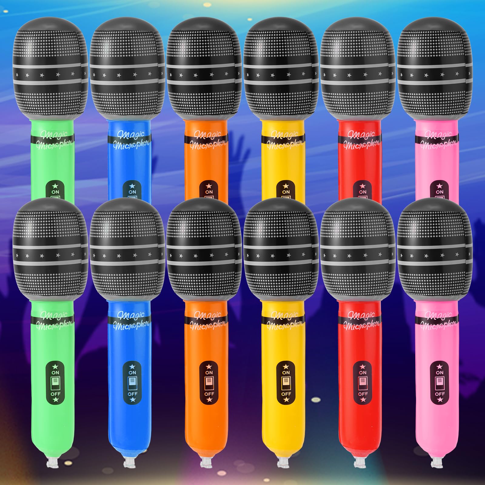 12 micrófonos inflables, recuerdos de fiesta, 8.66 x 1.97 pulgadas, película de aluminio de 6 colores, accesorios de micrófono falsos a granel para niños, karaoke, concierto, temática de DJ 3