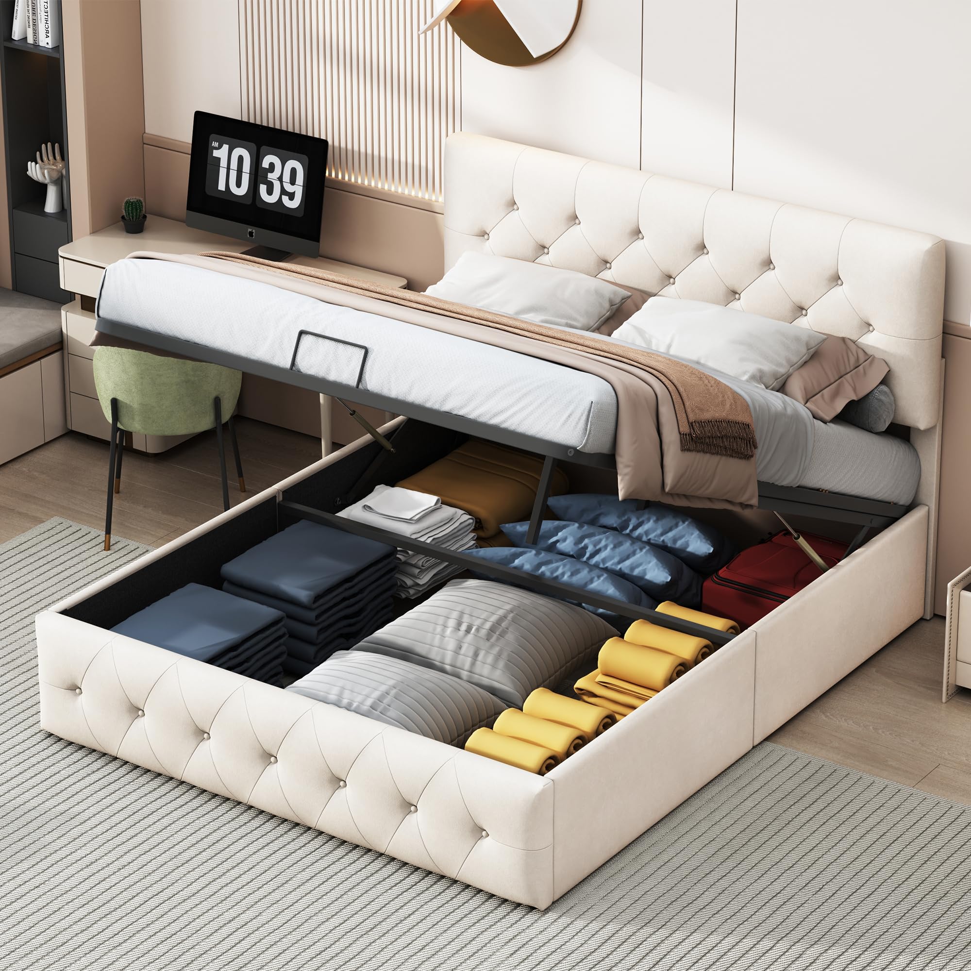 BRILVERDE Letto imbottito 160 x 200, letto matrimoniale con spazio e rete a doghe, letto idraulico, testiera regolabile, velluto (Beige, 160x200cm)